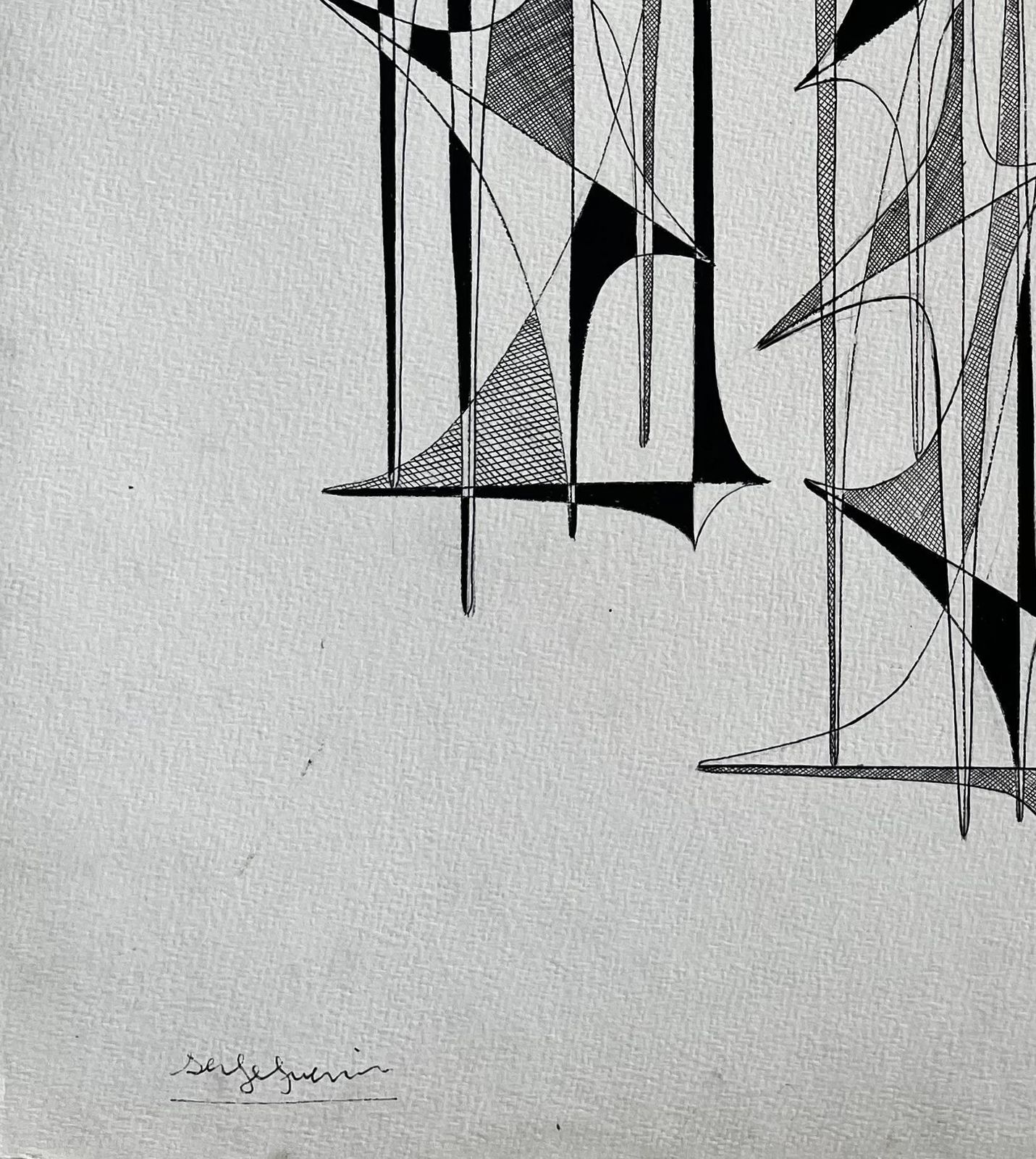 Serge Guerin (1916) Mid Century French Black And White Linear Geometric Abstract Drawing photo vinterior