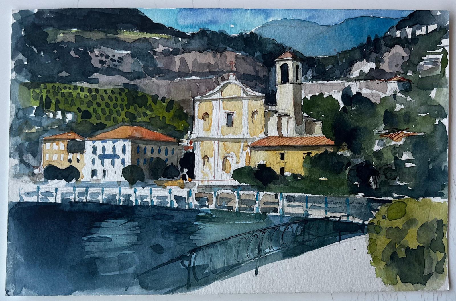 Pierre Neveu Mediterranean Coastal Town And Church Watercolour By Pierre Neveu photo furniture