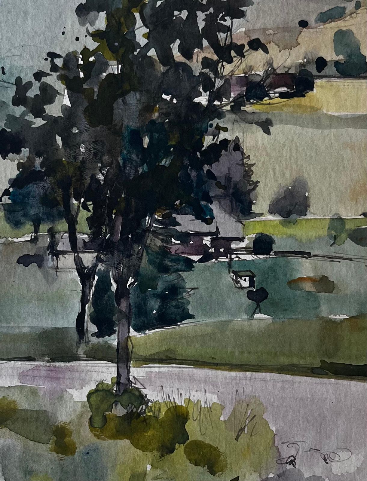 Pierre Neveu Tree In Mountain Valley French Landscape Watercolour By Pierre Neveu photo vinterior
