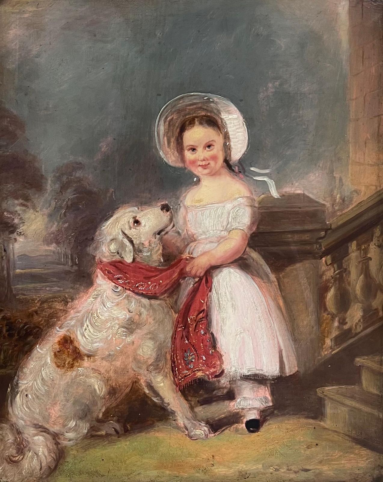 Victorian School Large Victorian English Oil Painting Young Girl Country House Steps With Her Dog photo furniture