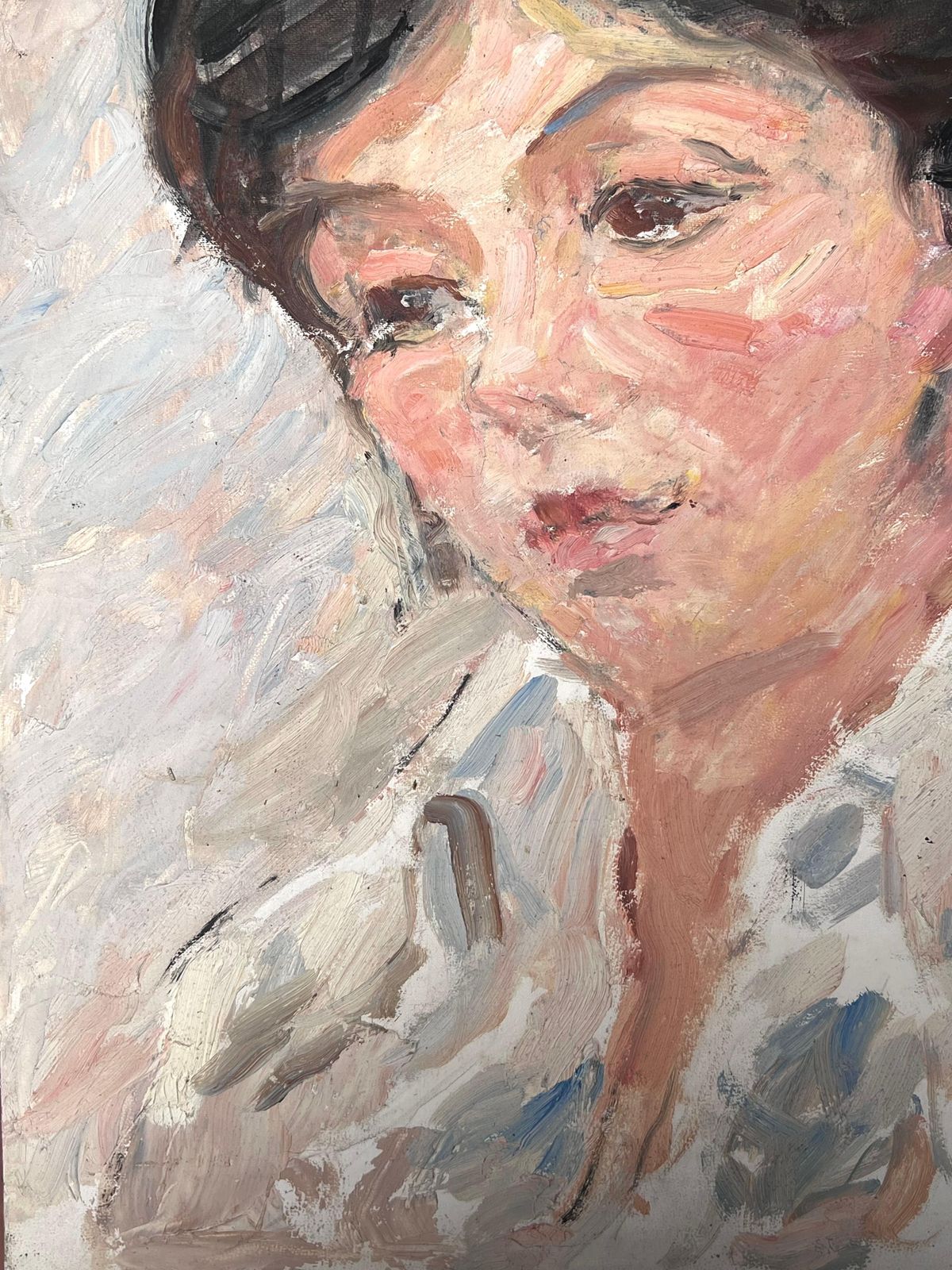 Suzanne Dinkes Mid Century French Impressionist Oil Portrait Of Woman White Blouse Shirt 1950's photo vinterior