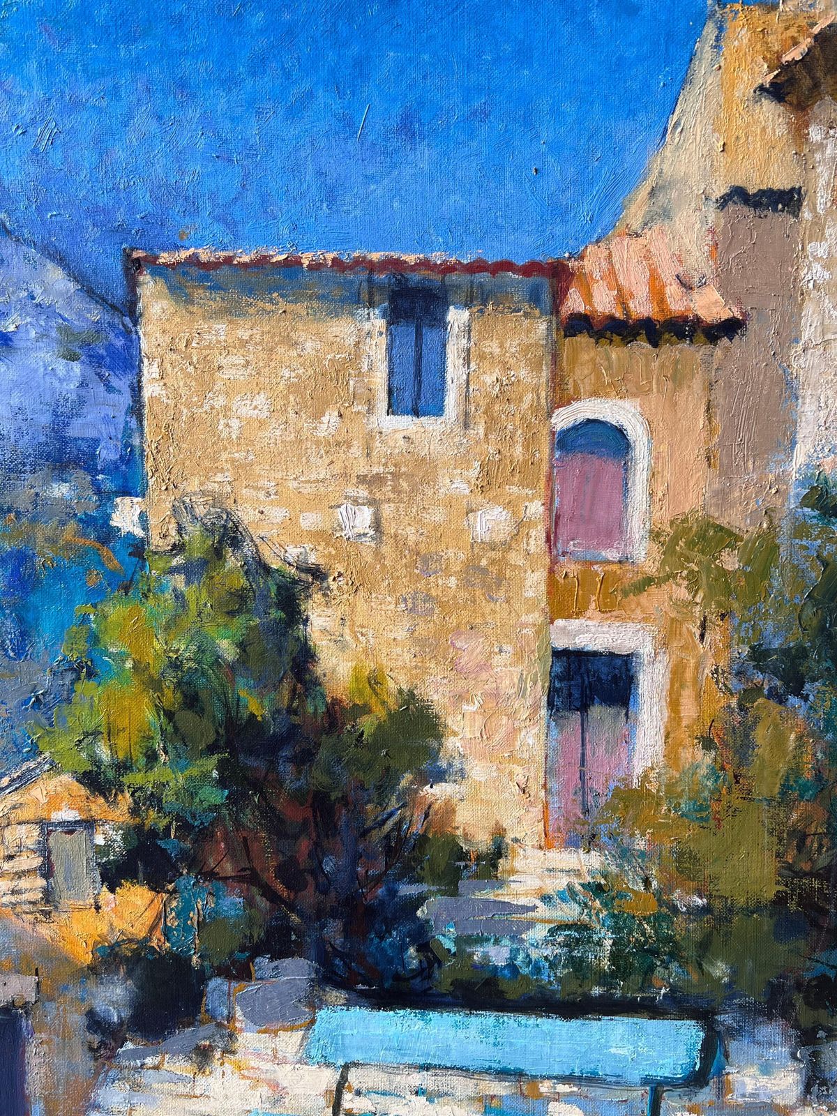 Pierre Neveu Old Provencal Village Houses & Blue Bench French Post Impressionist Oil Painting photo for sale