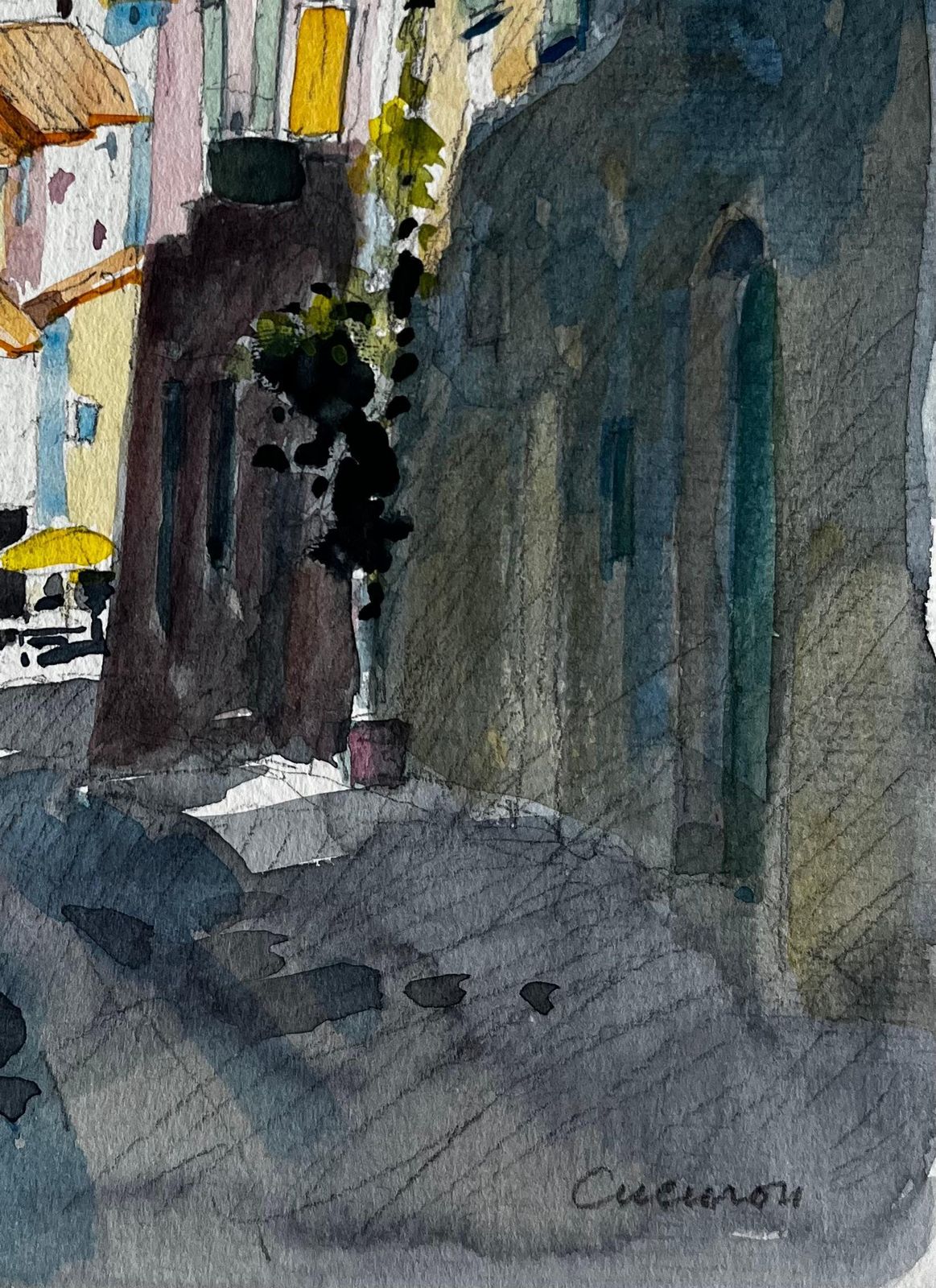Pierre Neveu Sunlit Street In Cucuron With Terracotta Roofs And Shuttered Houses Watercolour photo 530.0