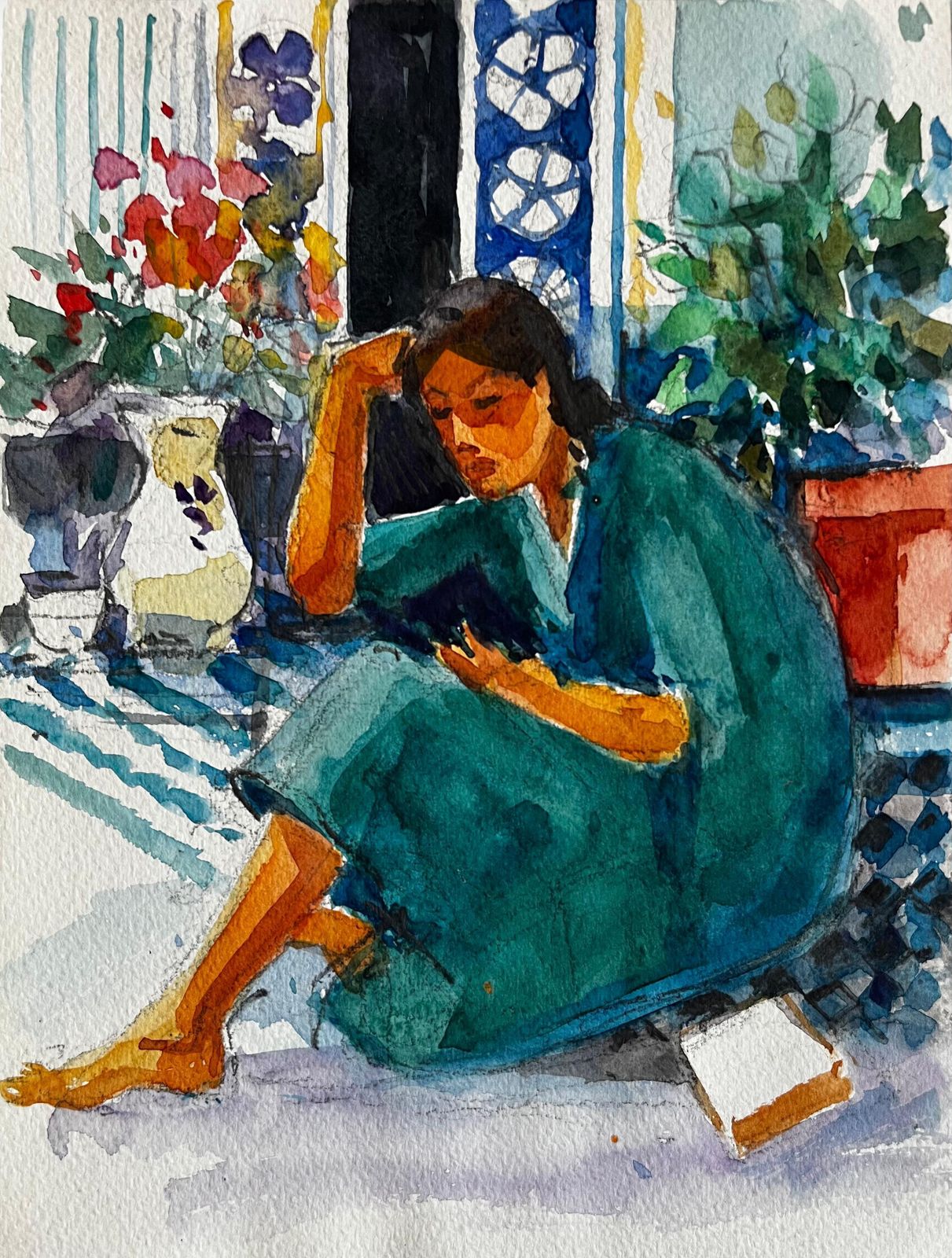 Pierre Neveu Woman Reading Indoors By Pierre Neveu French Watercolour Interior Scene Painting