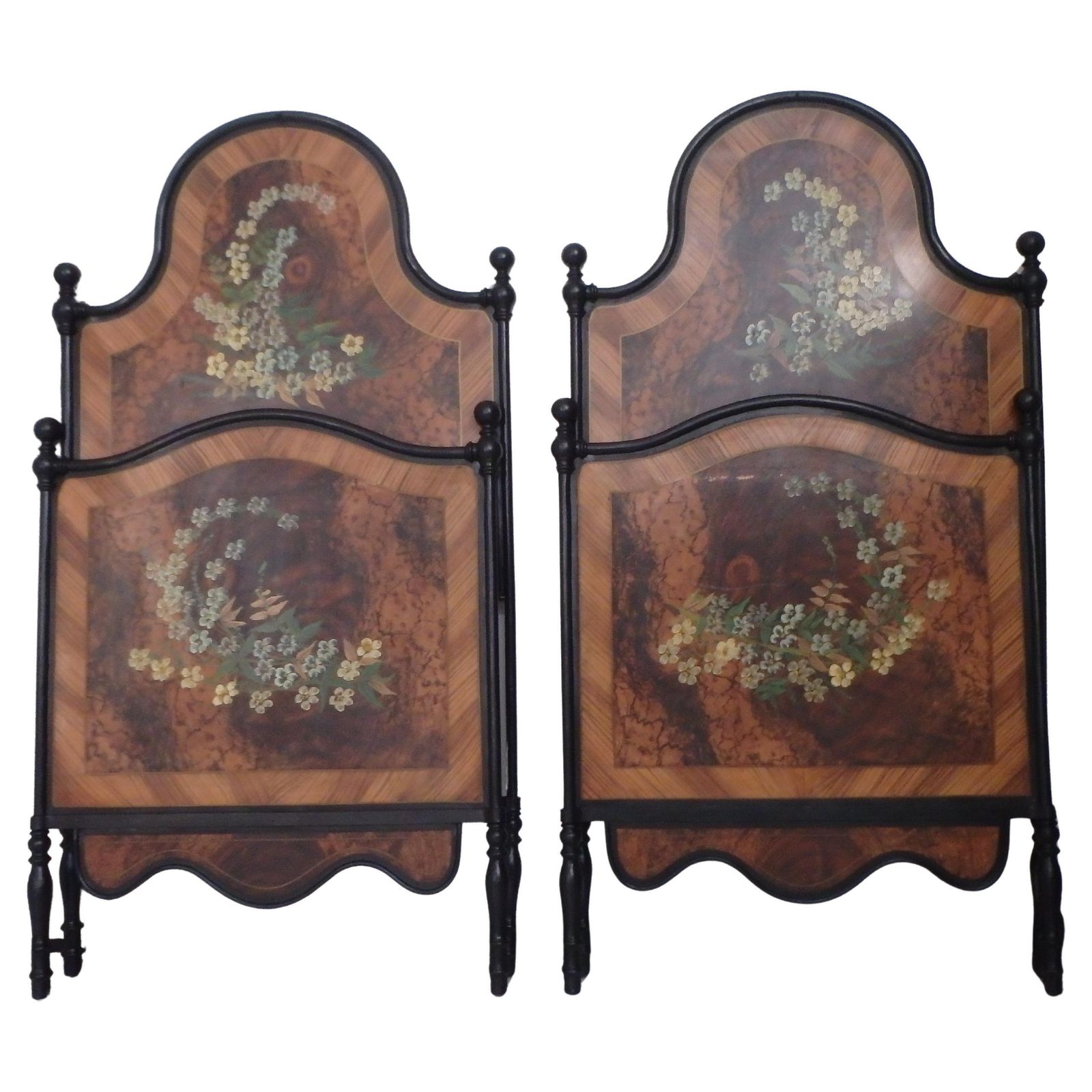 2 Art Nouveau Metal Hand Painted Extravagant Single Beds With Flowers Chalet Sty
