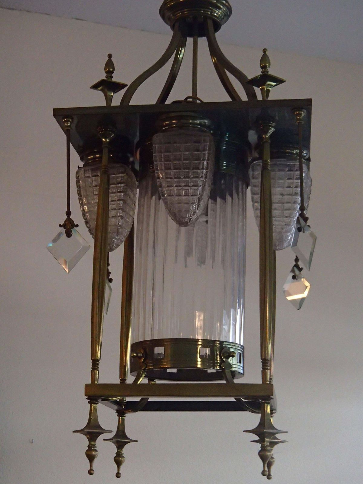 Art Nouveau Long Chandelier Square Bronze And Glass photo for sale