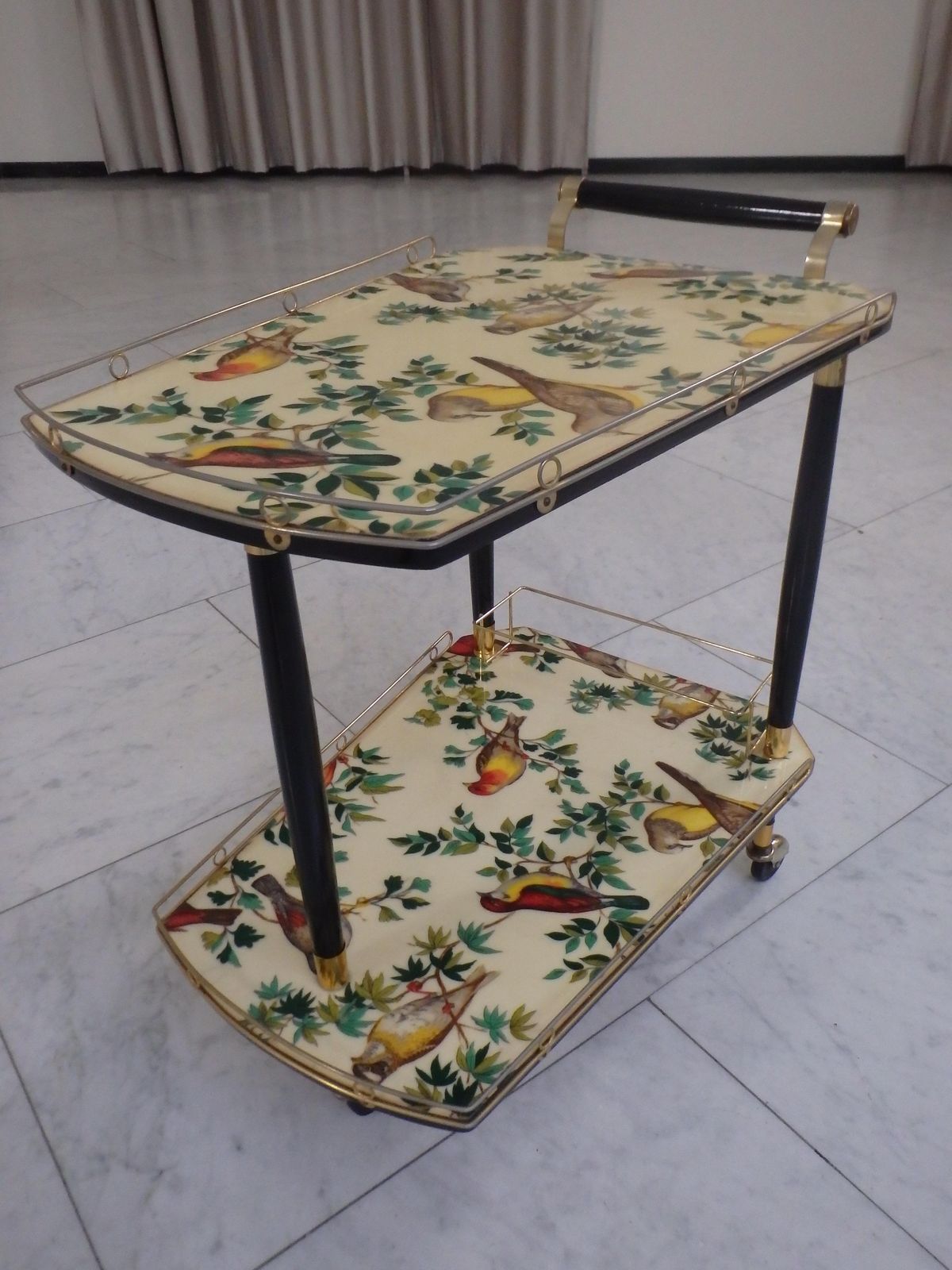 Home Decor 1950thies Bar Cart On 3 Wheels With Beautiful Birds On The Shelf's photo