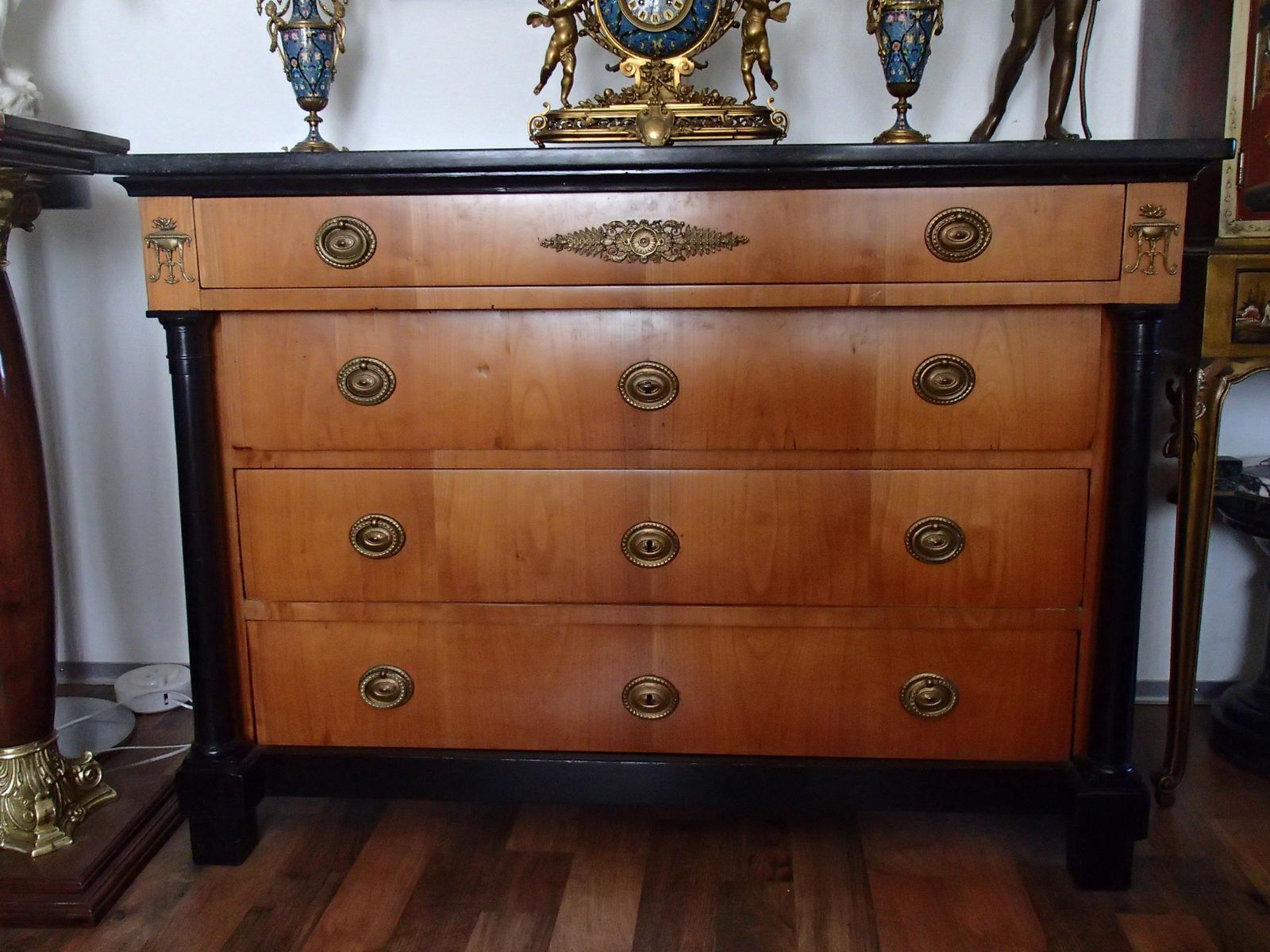 Empire Chest Of Drawers Cherry Wood With Black Colones And Black Marble Top photo buy