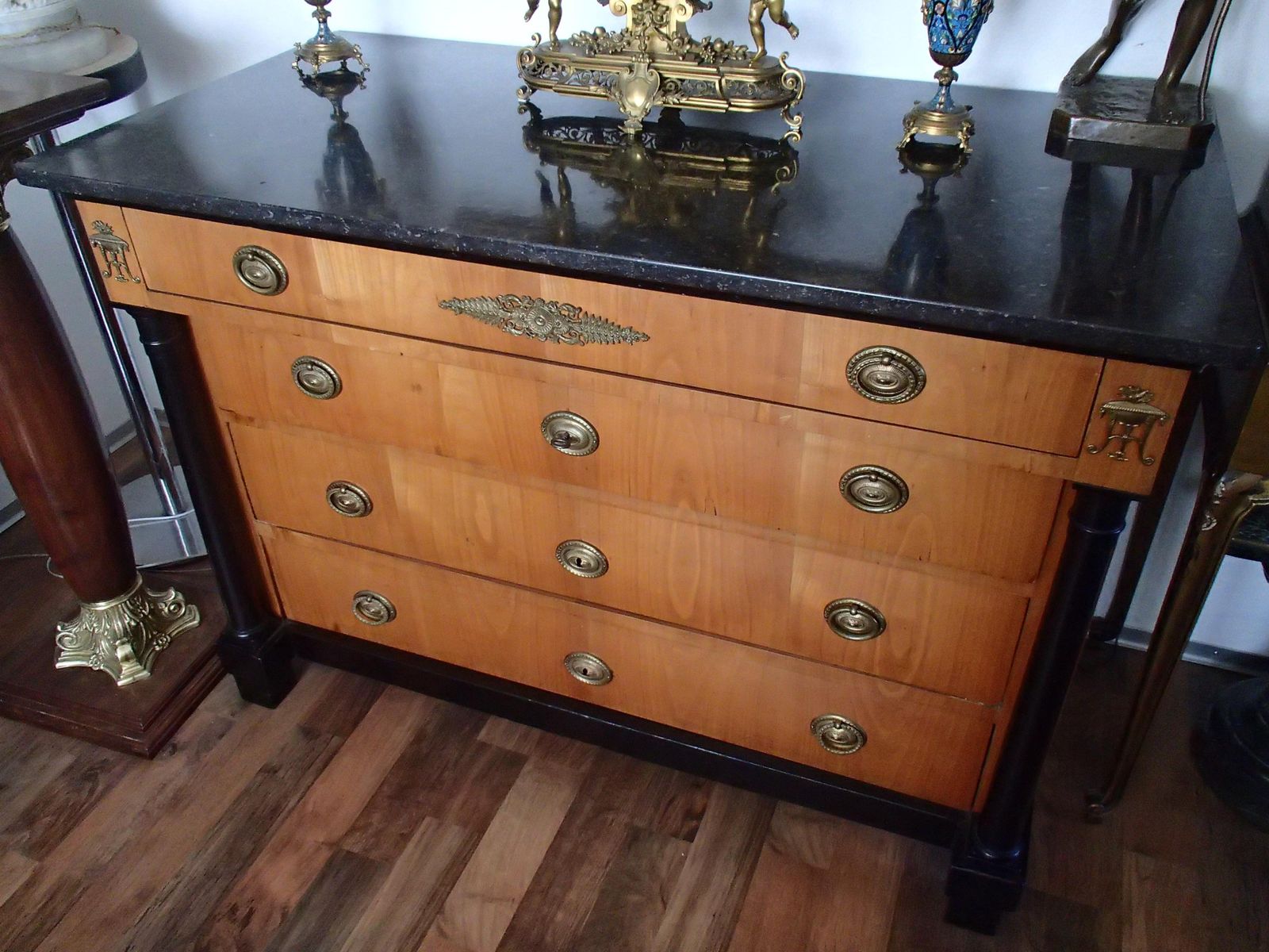 Empire Chest Of Drawers Cherry Wood With Black Colones And Black Marble Top photo vintage