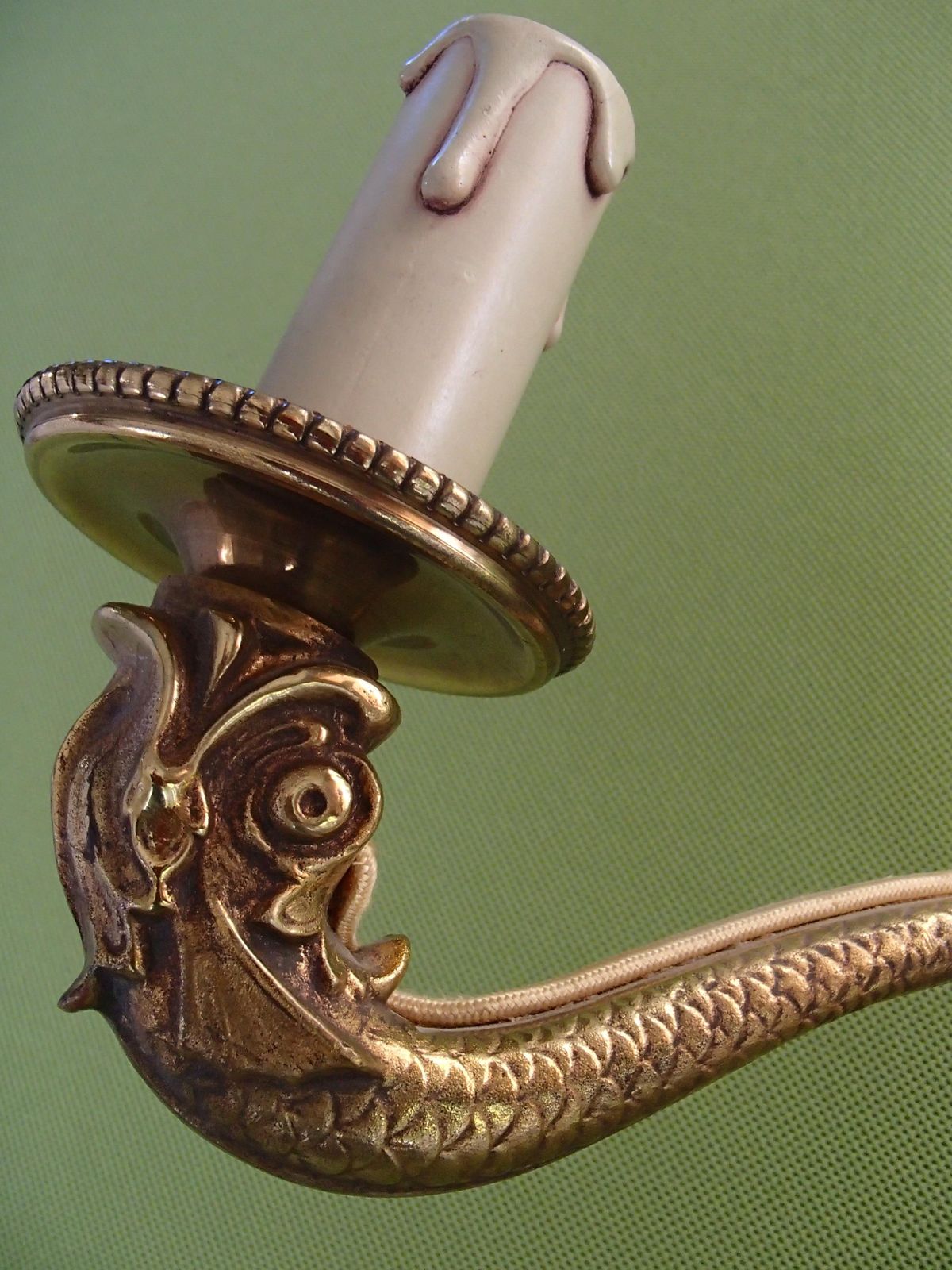 Pair Of Bronze And Green Empire Wall Lights With Beige/Green Shades photo for sale