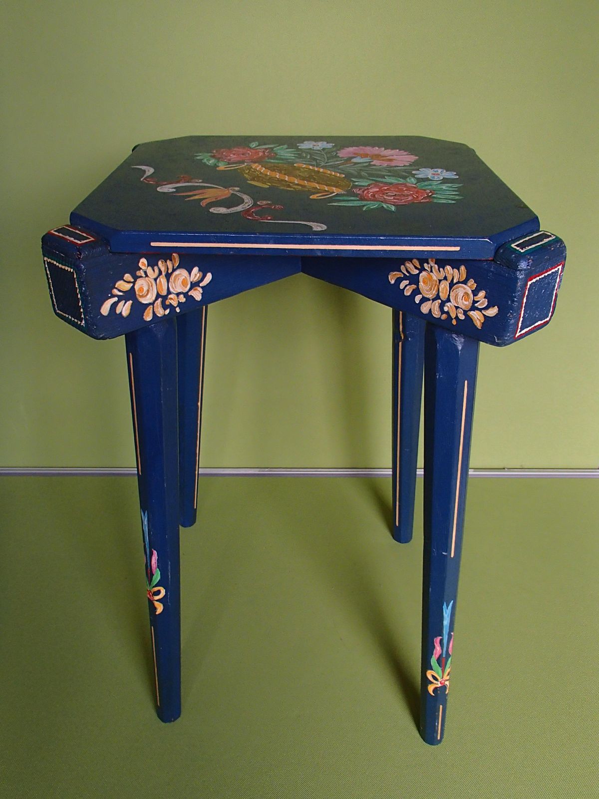 19th Century Folk Art Blue Wooden Stool Or Side Table Hand Painted Flowers photo 603.0