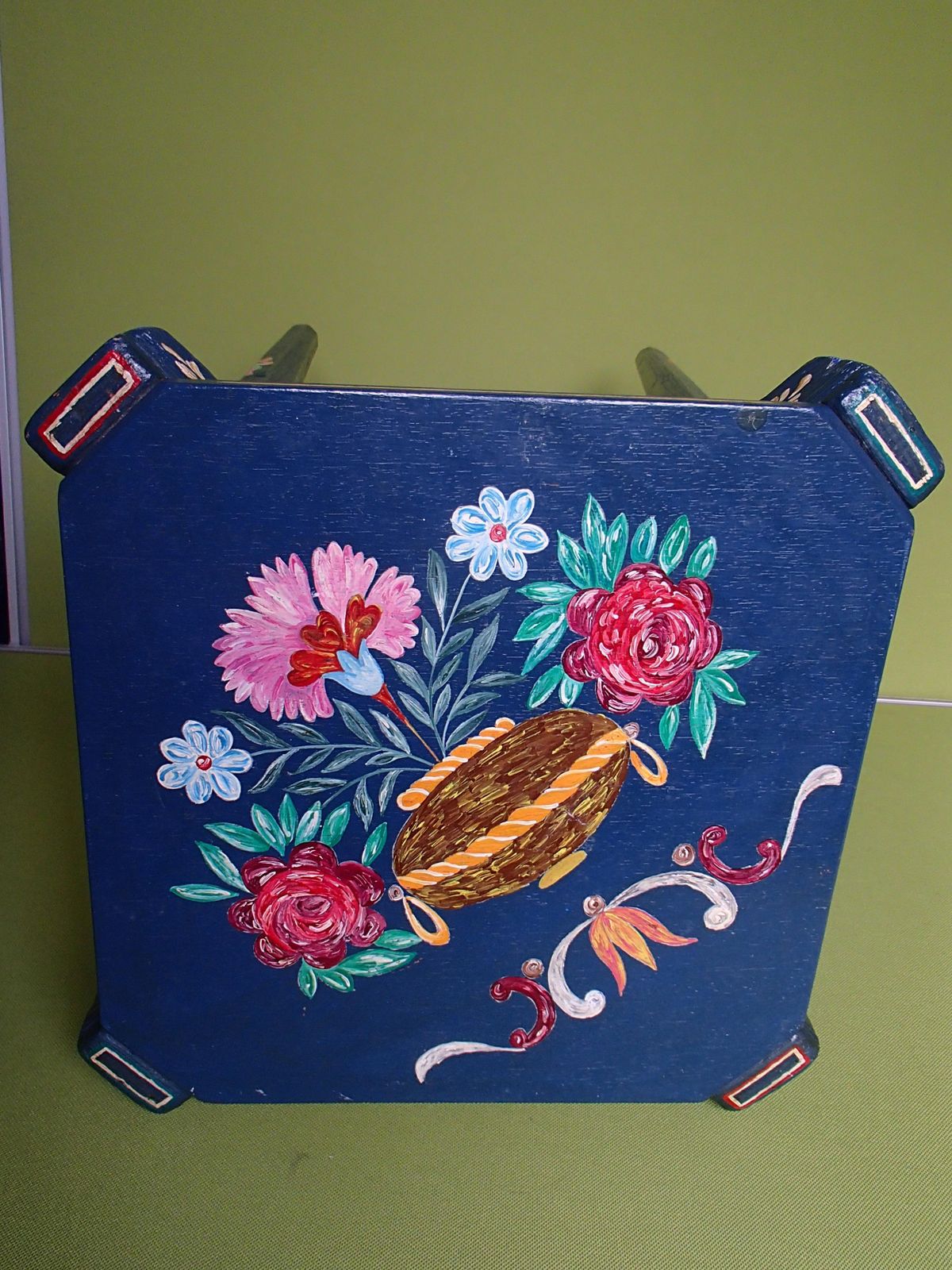 19th Century Folk Art Blue Wooden Stool Or Side Table Hand Painted Flowers photo vintage