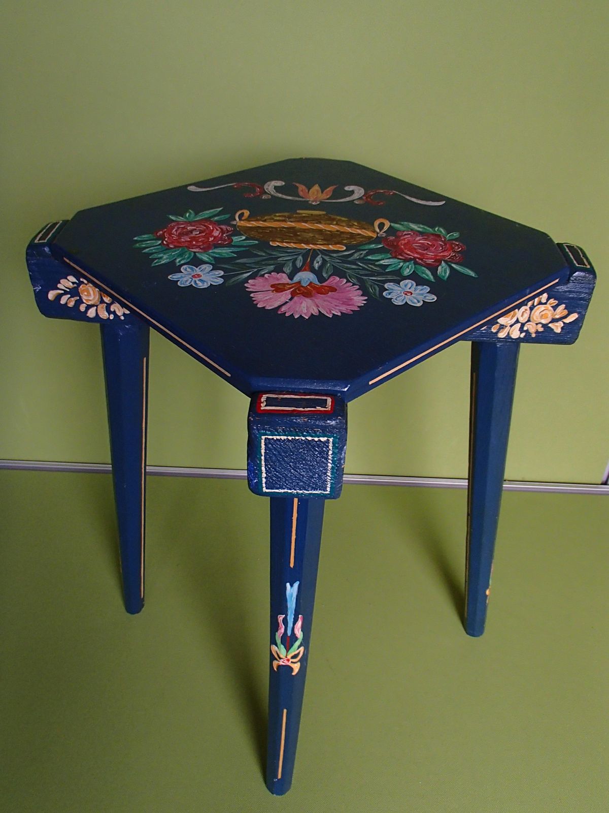 Furniture 19th Century Folk Art Blue Wooden Stool Or Side Table Hand Painted Flowers photo