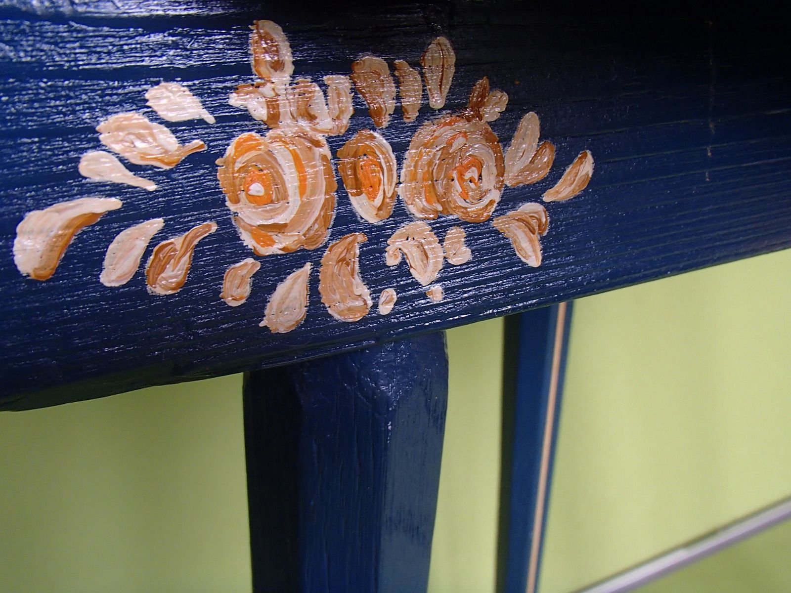 photo buy 19th Century Folk Art Blue Wooden Stool Or Side Table Hand Painted Flowers