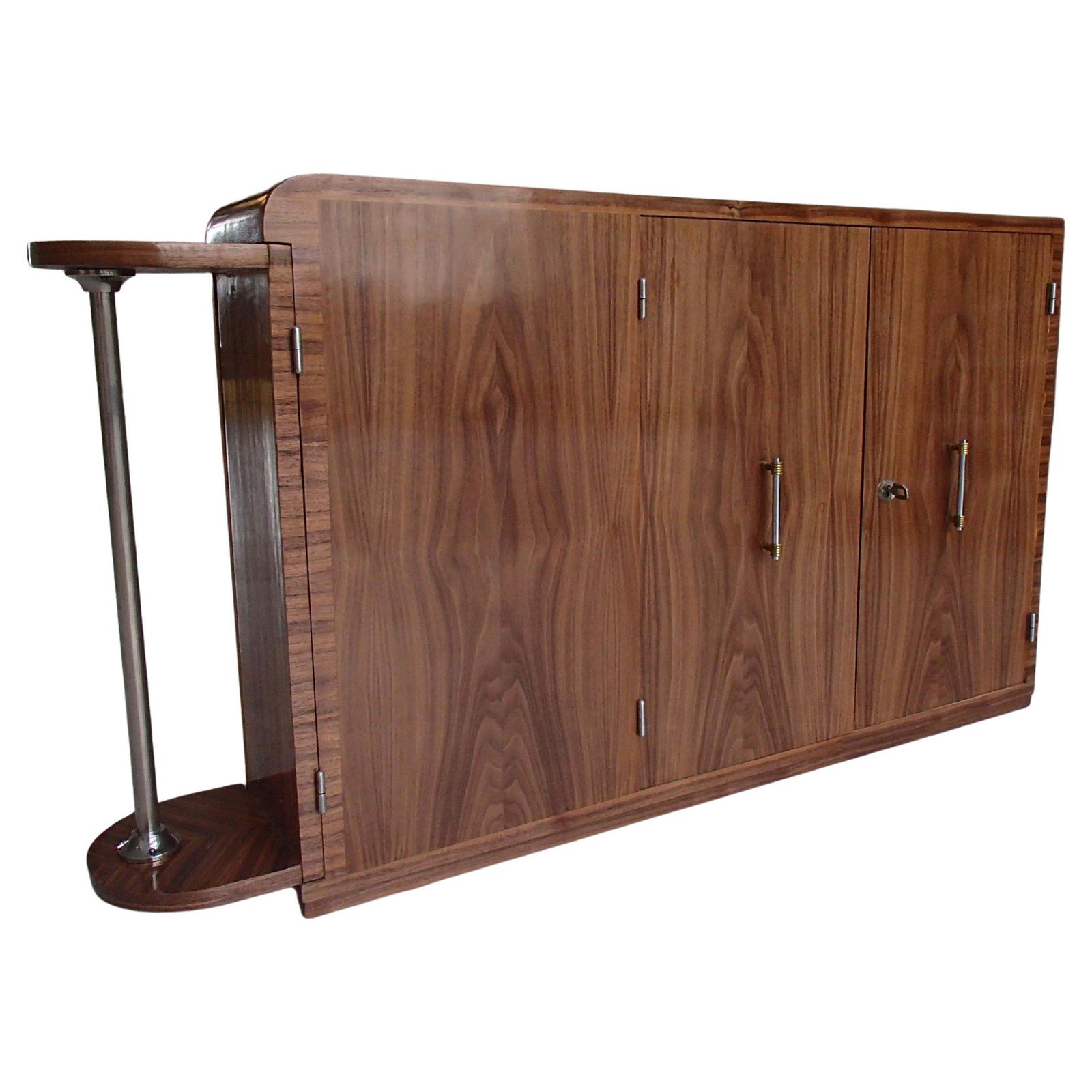 Art Deco Narrow Bar With 2 Doors And Bottle Compartment Walnut And Chrome