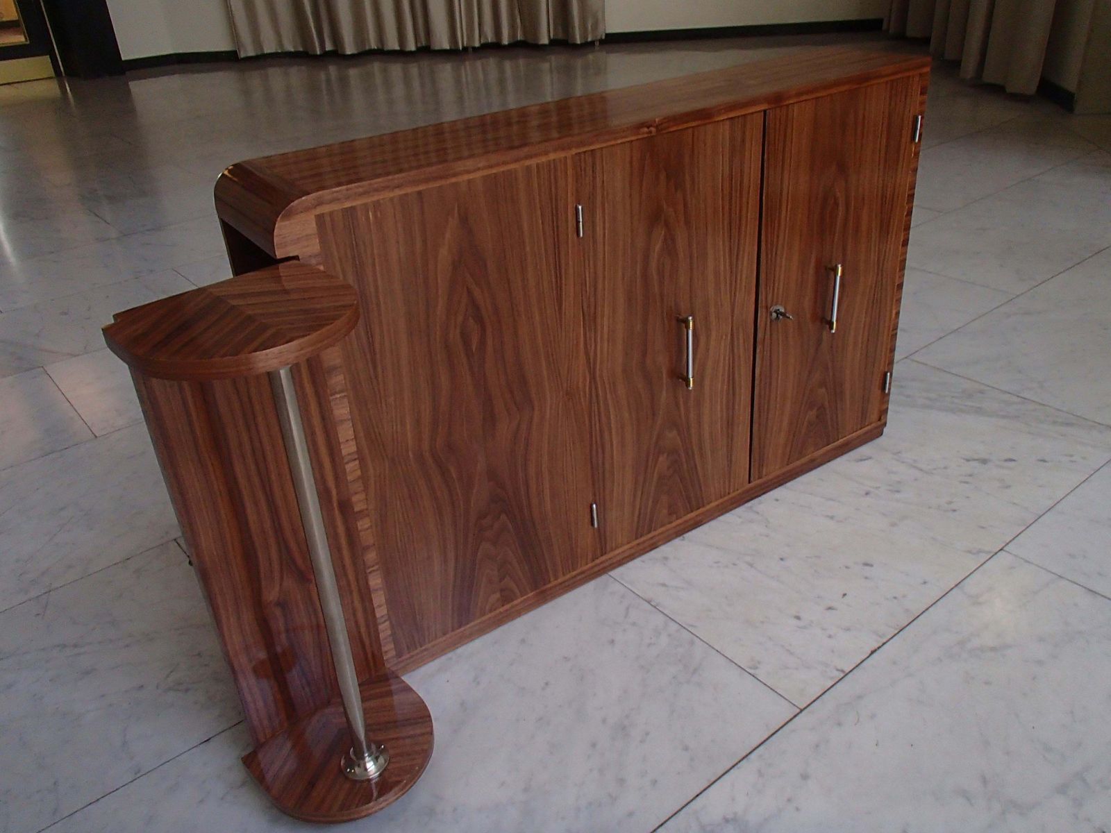 Furniture Art Deco Narrow Bar With 2 Doors And Bottle Compartment Walnut And Chrome photo