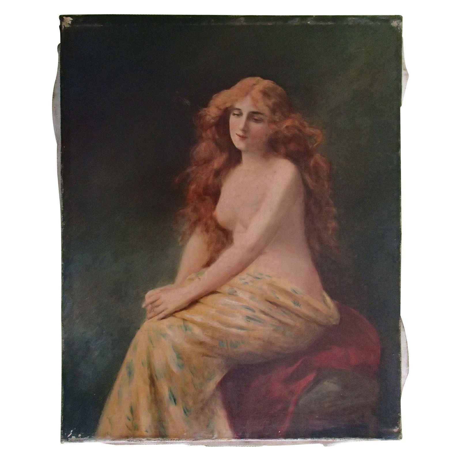 19th Century Oil On Canvas Painting Young Lady With Red Hair Half Nude