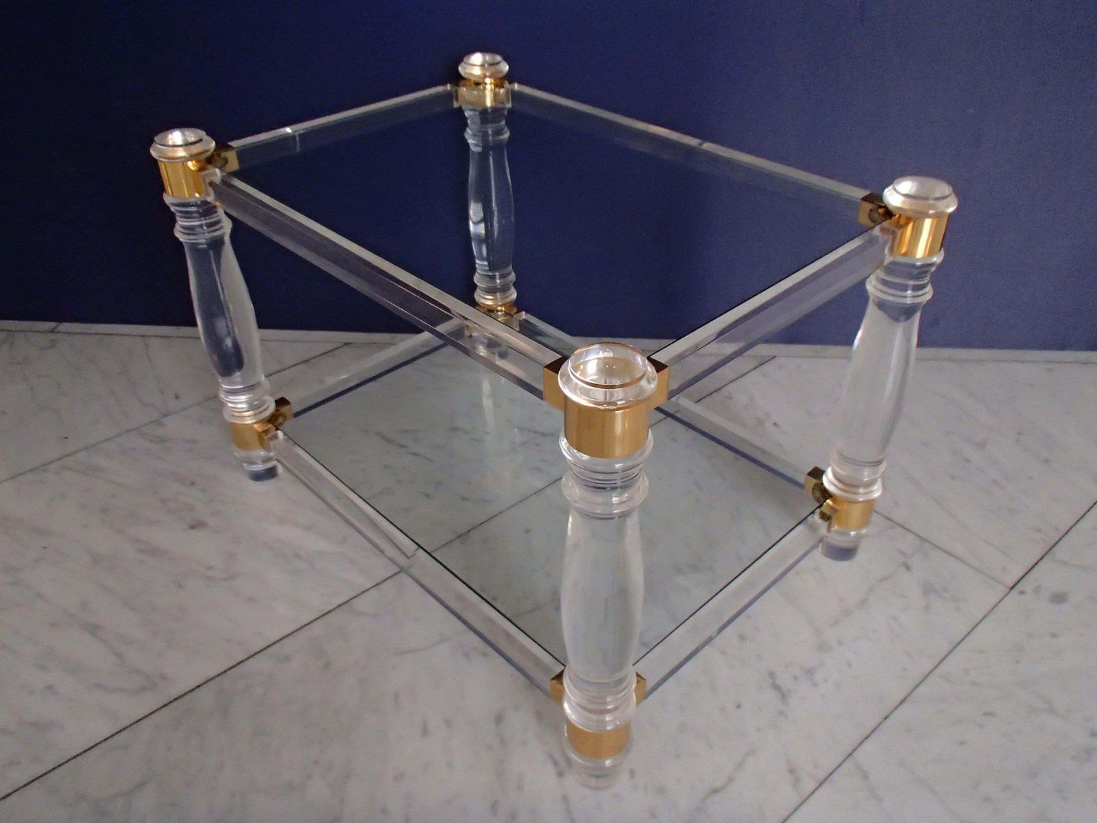 Pair Of Modern Side Tables Plexi Glass, Glass And Brass photo for sale