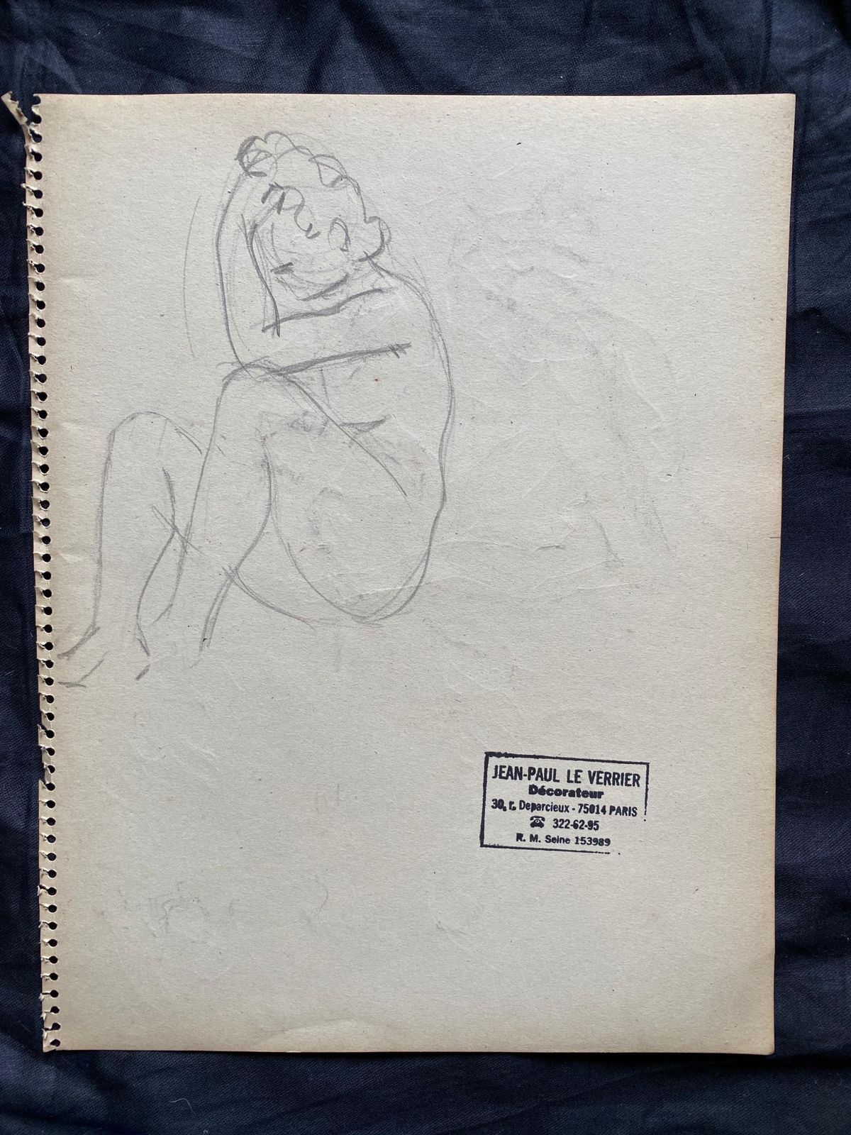 Unknown Mid 20th Century French Original Line Drawing Sketch Nude Lady   Stamped photo furniture
