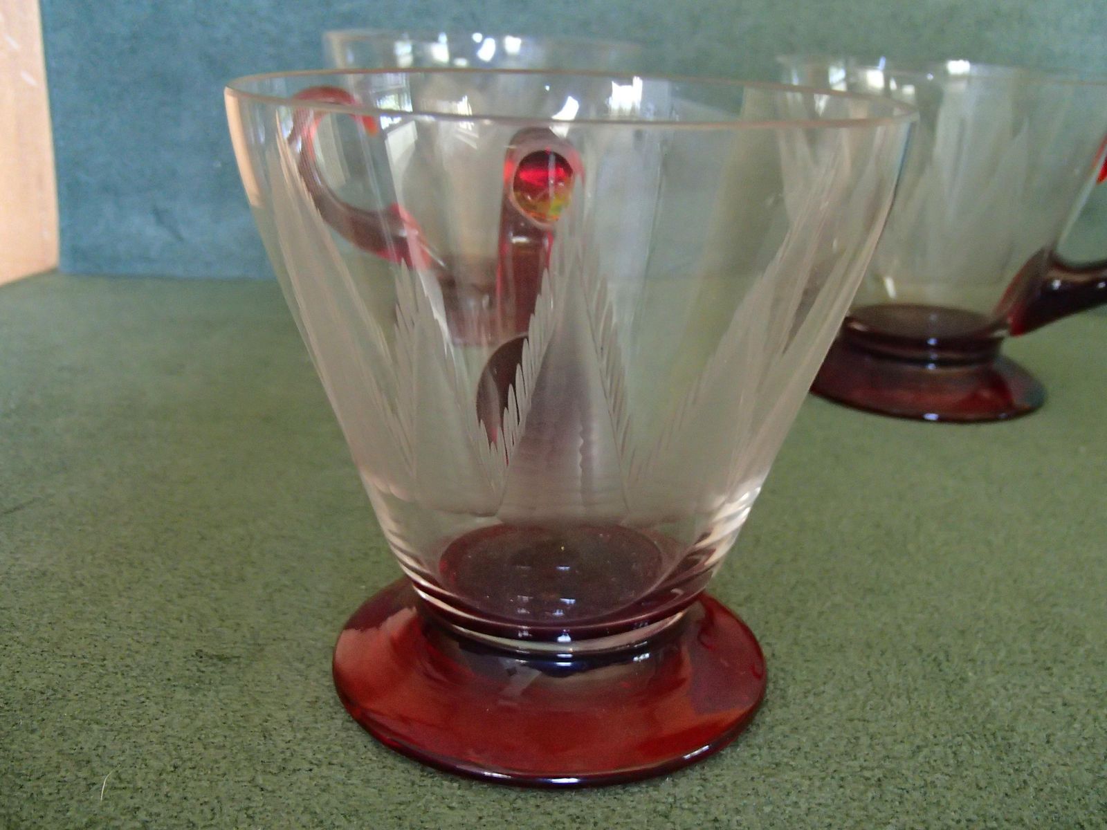 5 Art Nouveau Tea Glasses With Red Base And Holder Engraved photo buy