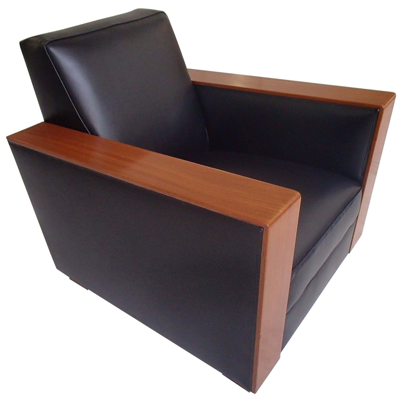 Art Deco Cubistic Black Leather Armchair With Mahogany Arms