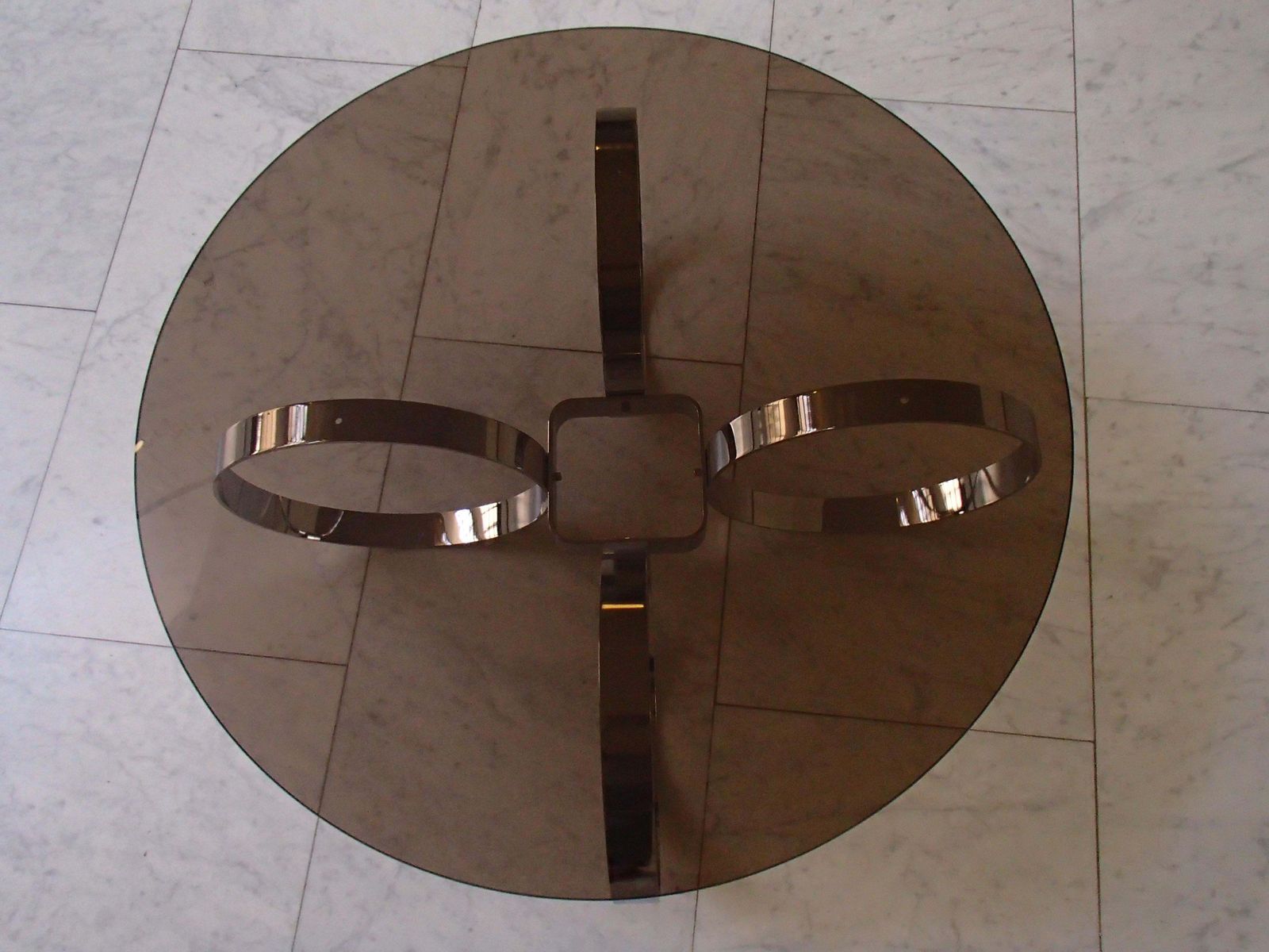 Mid Century Modern Low Table Chrome Rings And Brown Glass Top photo for sale