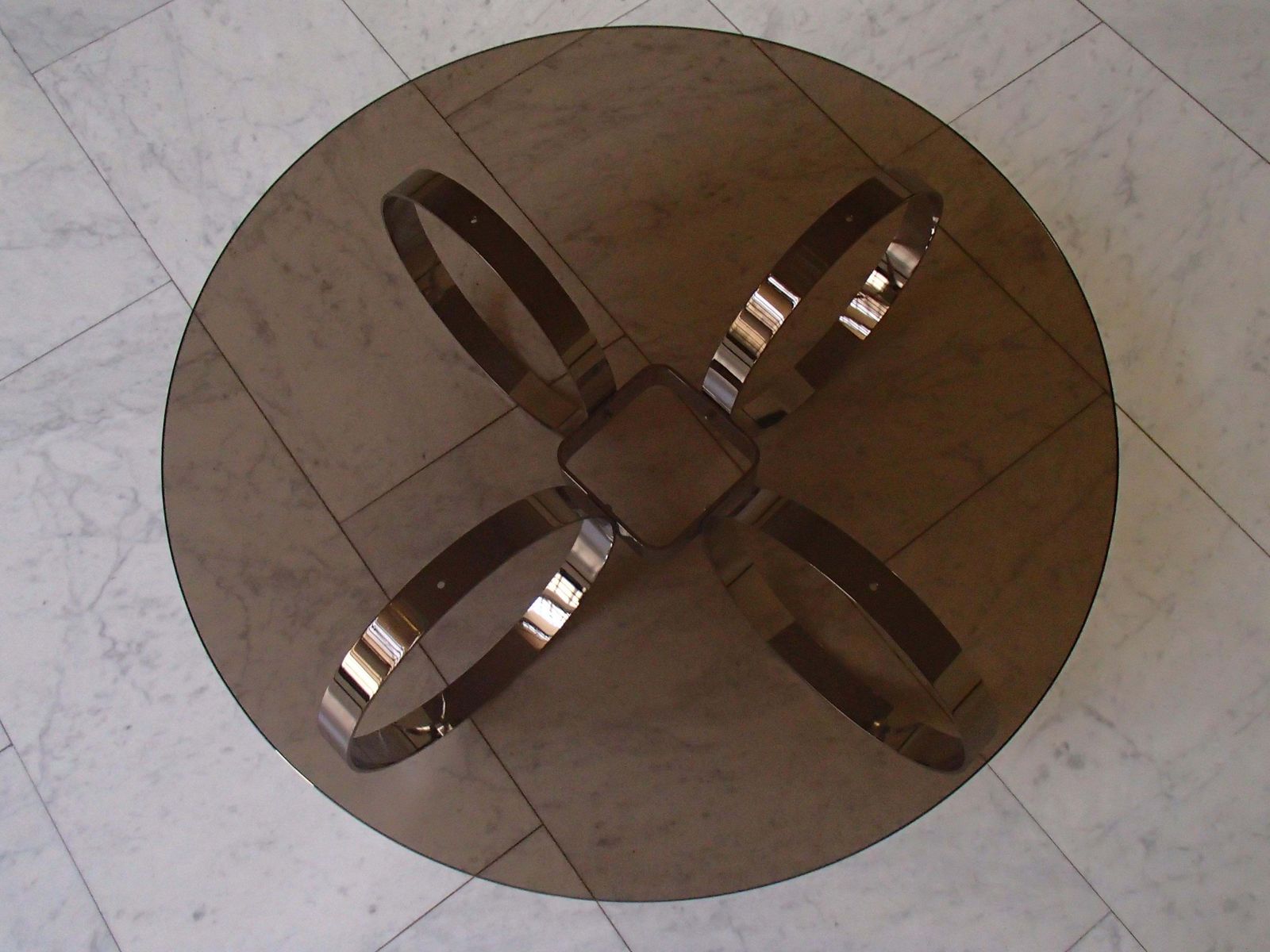Mid Century Modern Low Table Chrome Rings And Brown Glass Top photo Furniture