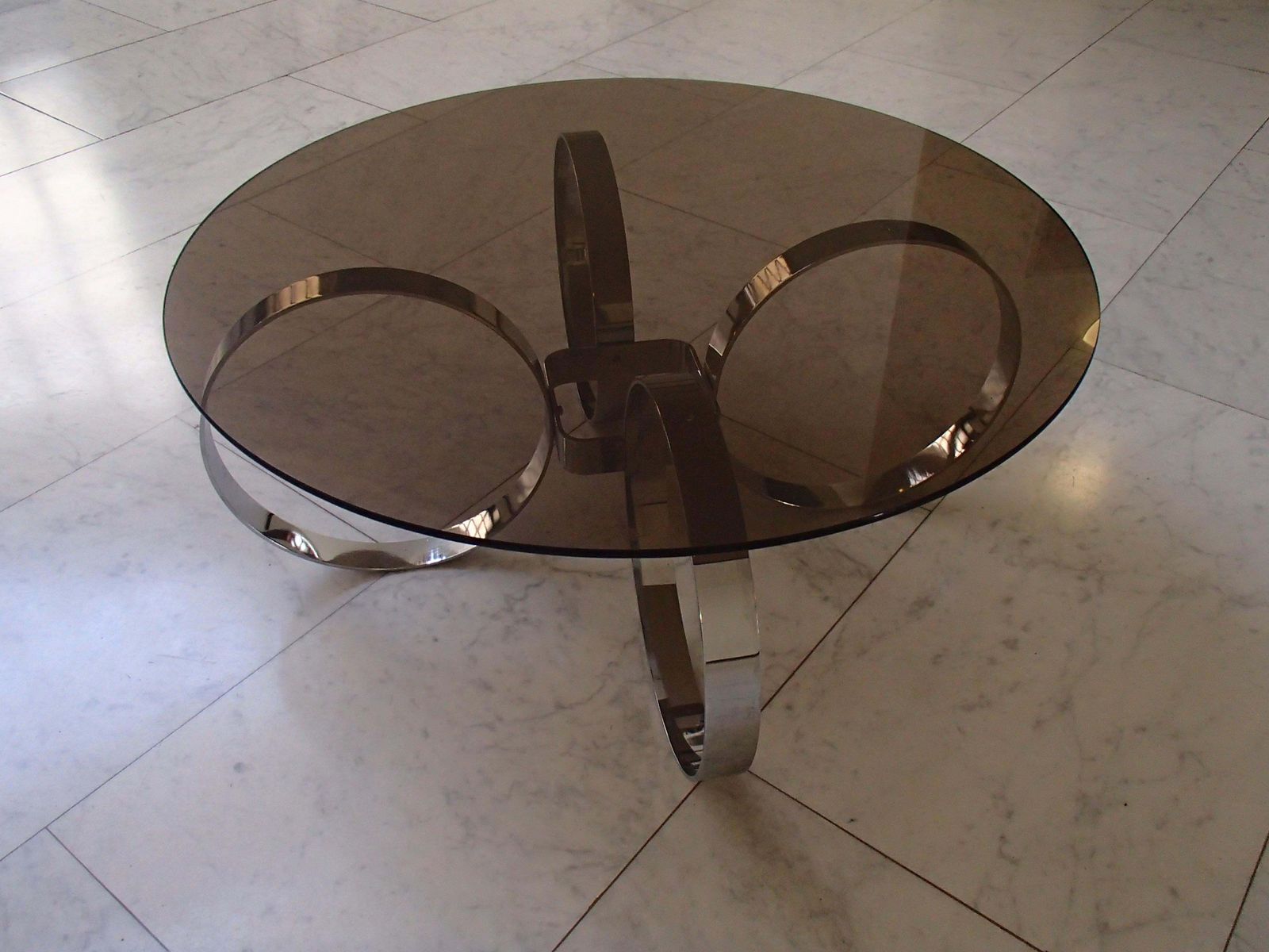 Mid Century Modern Low Table Chrome Rings And Brown Glass Top photo vinterior