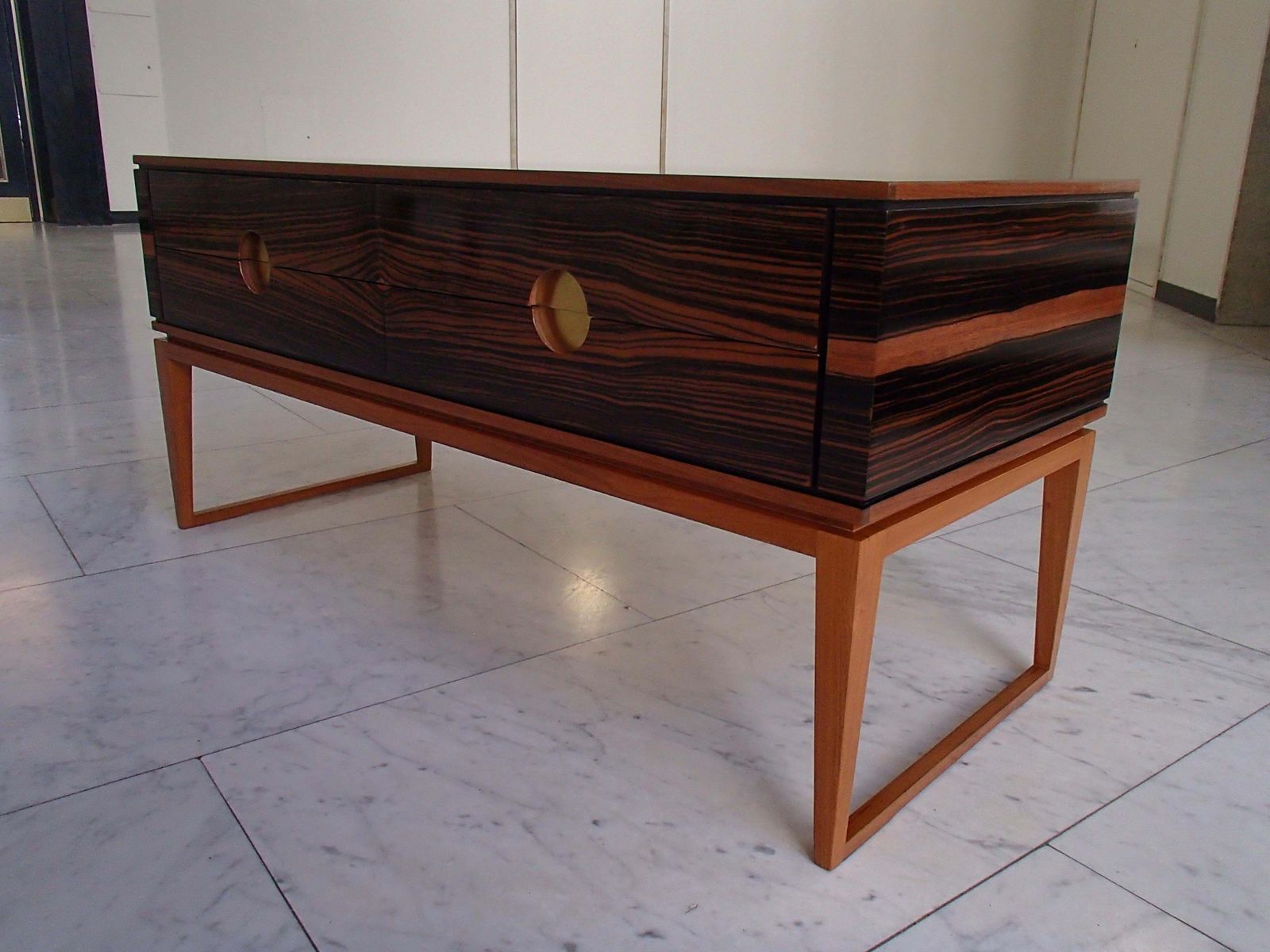Midcentury Chest Of Drawers Or Low Table Ebene De Macassar And Brass Handles photo for sale
