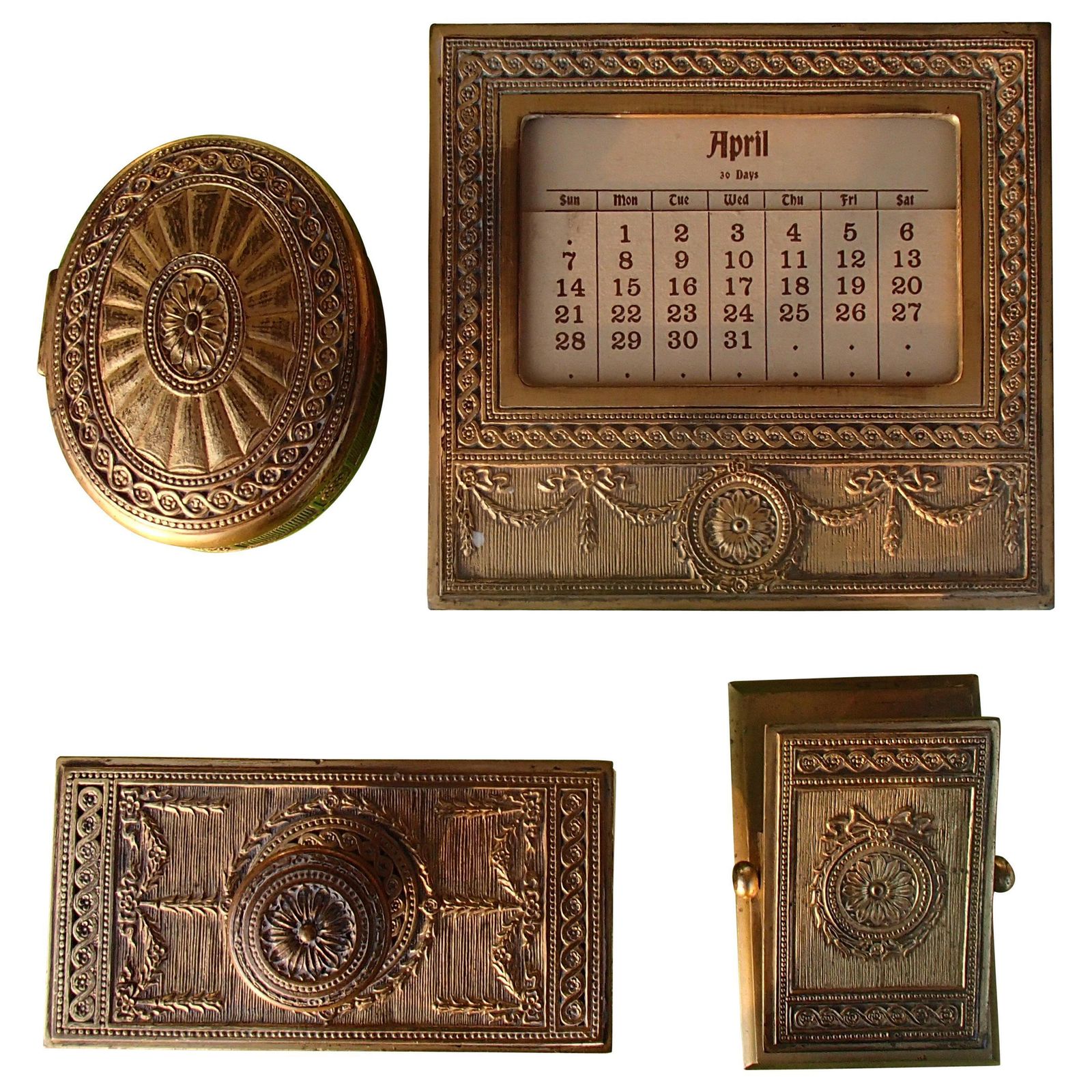 Art Nouveau Desk Set By Tiffany Calendar, Ink Dryer, Box And Clip