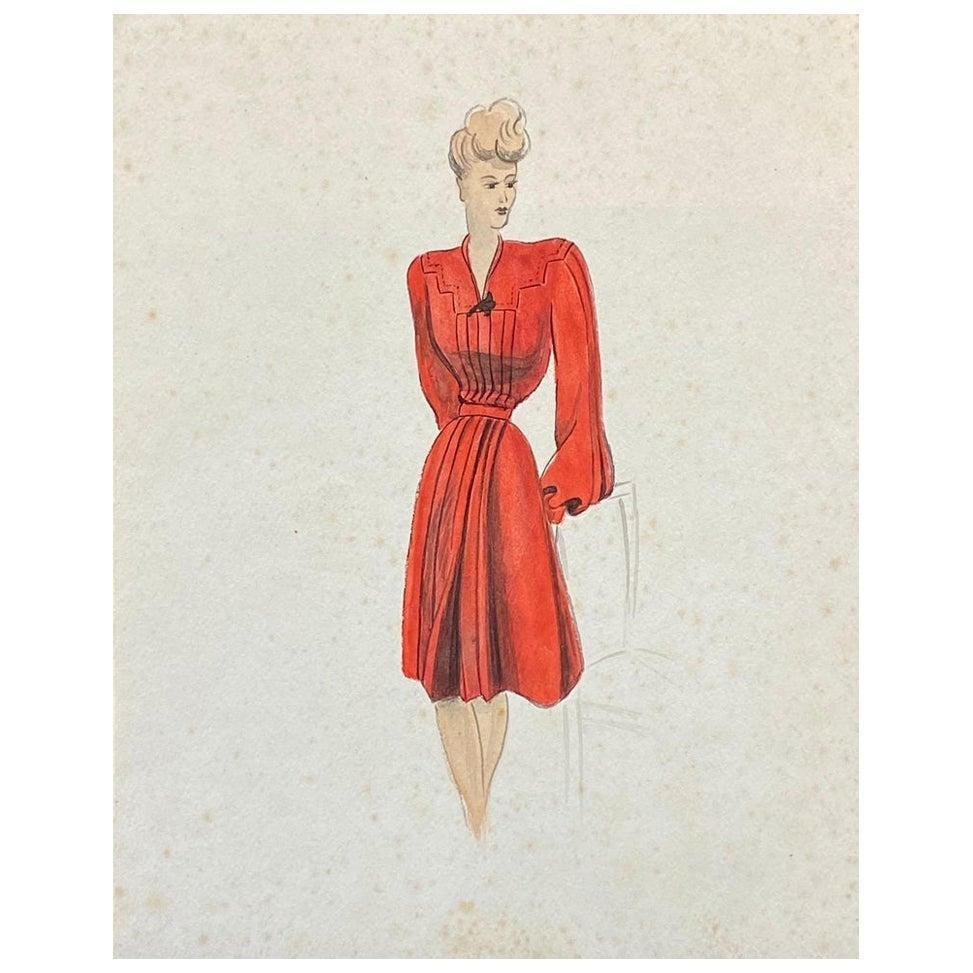 Unknown 1940's Fashion Illustration, The Lady In The Red Dress Circa 1940s