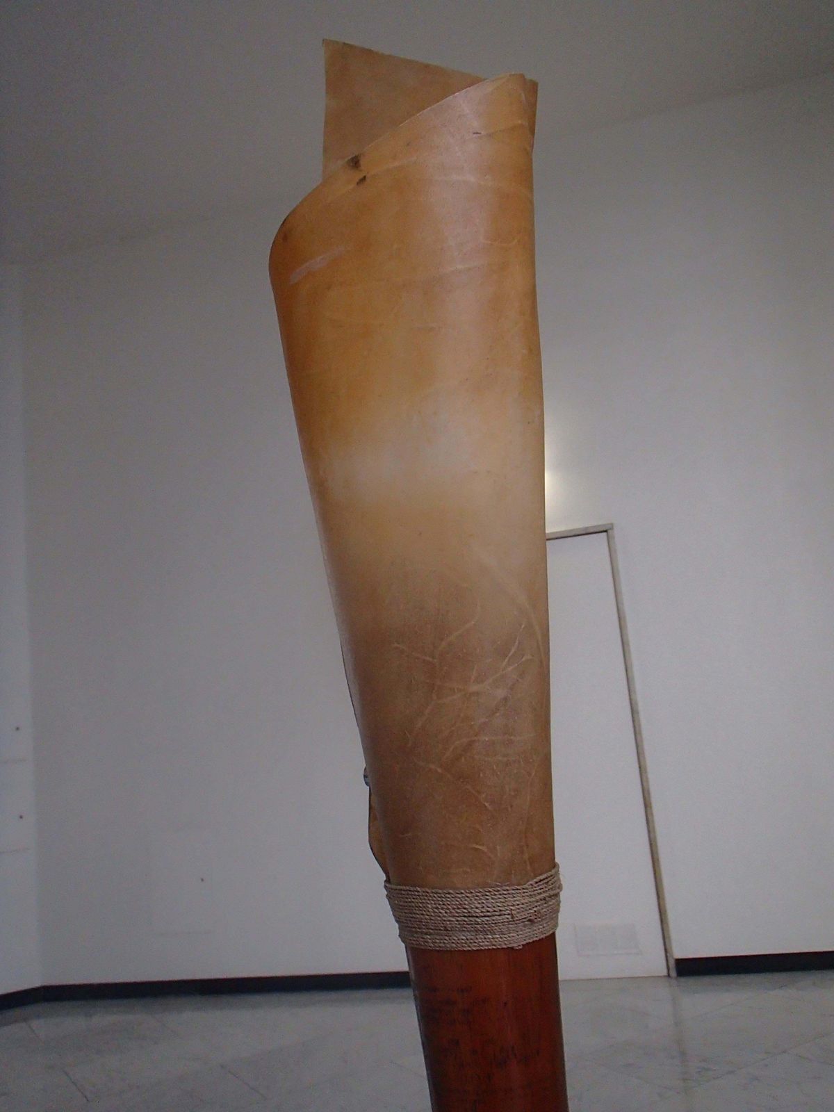 photo for sale Midcentury Brutalist Pair Handmade Floor Lamps Wood And Rolled Skin Shades