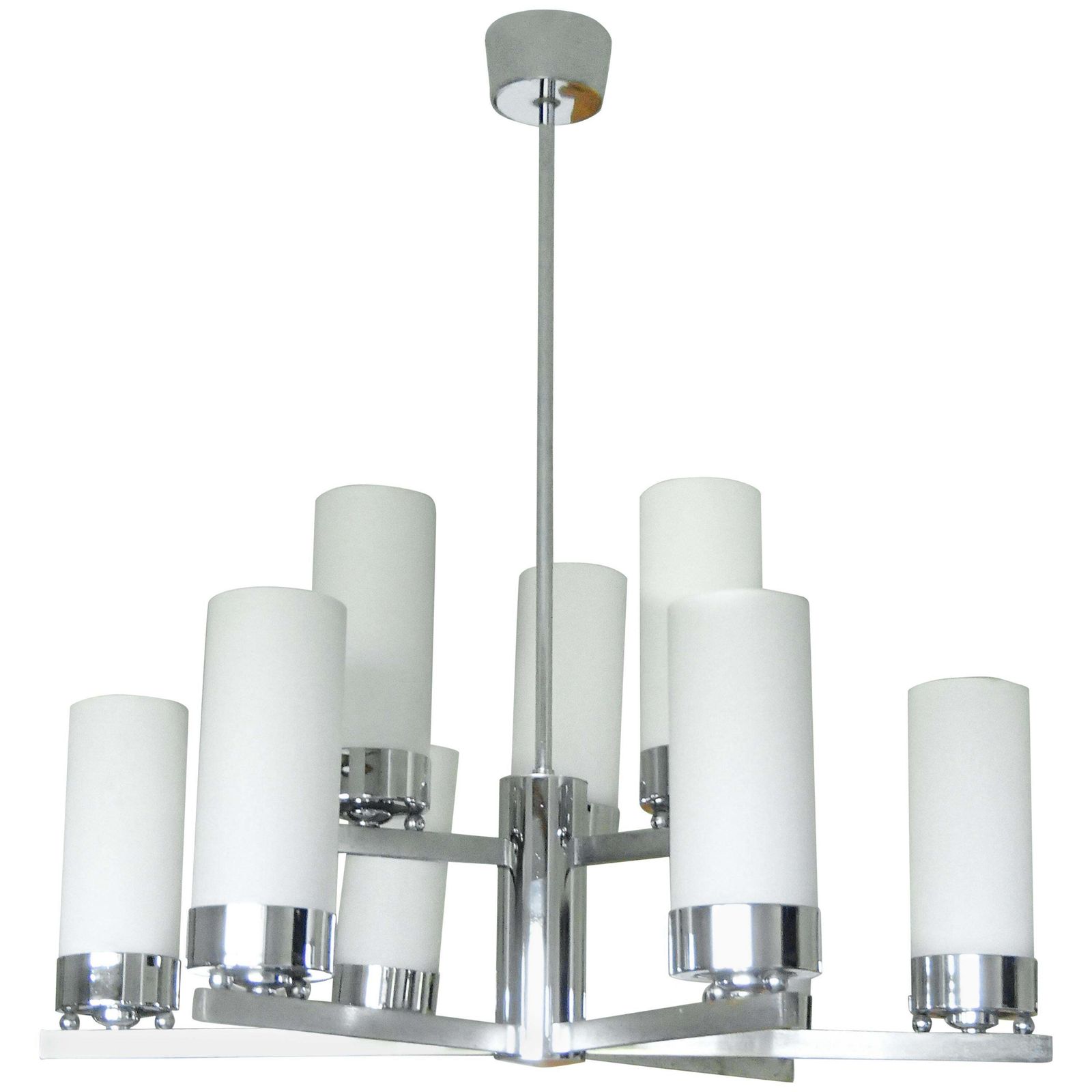 Bauhaus Chandelier Chrome With Nine White Tubular Glass Shades