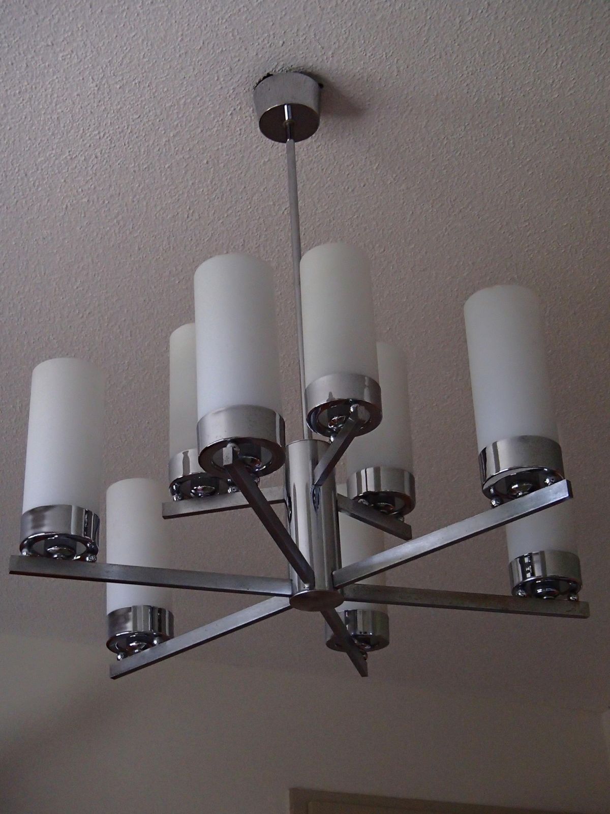 Bauhaus Chandelier Chrome With Nine White Tubular Glass Shades photo vinterior