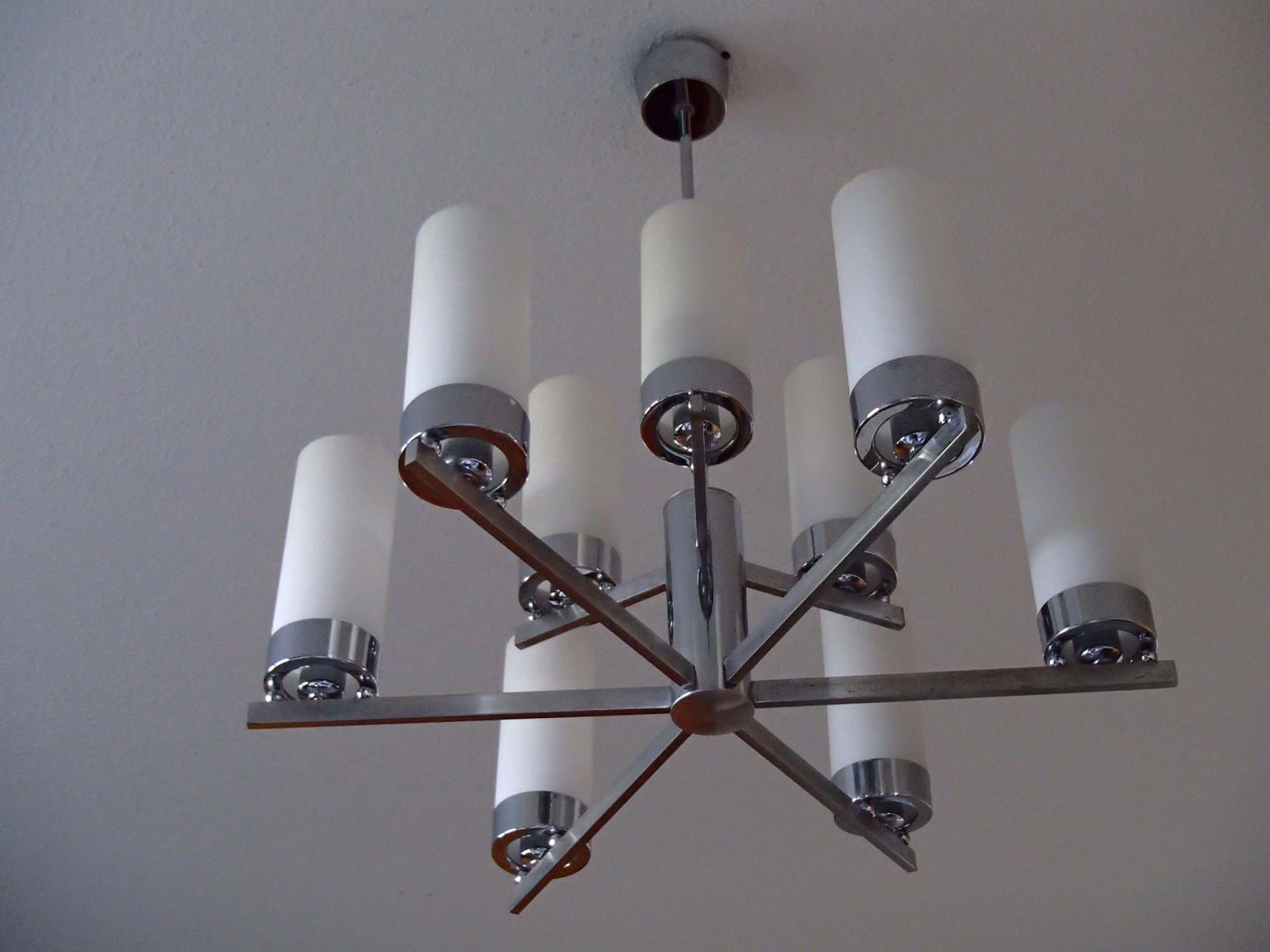 Bauhaus Chandelier Chrome With Nine White Tubular Glass Shades photo buy