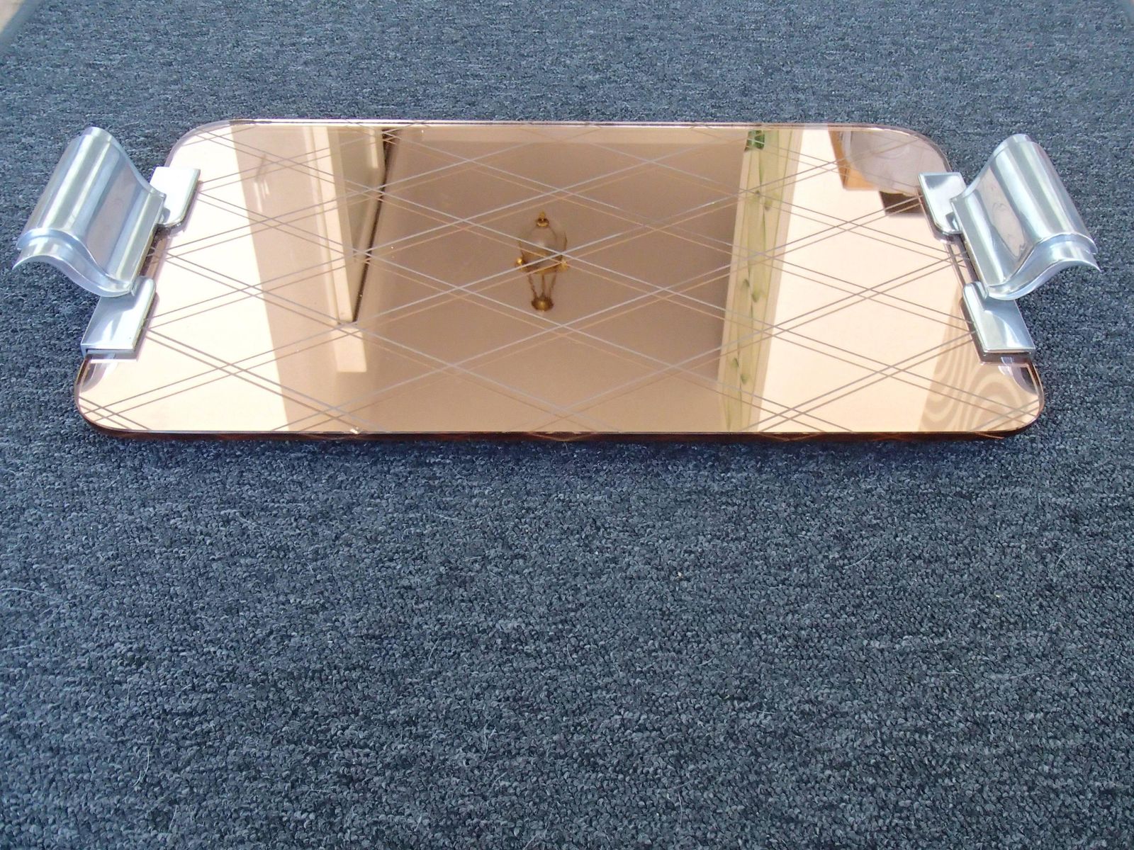 Art Deco Pink Mirror Engraved Rhomboids Serving Tray With Aluminium Handles photo furniture
