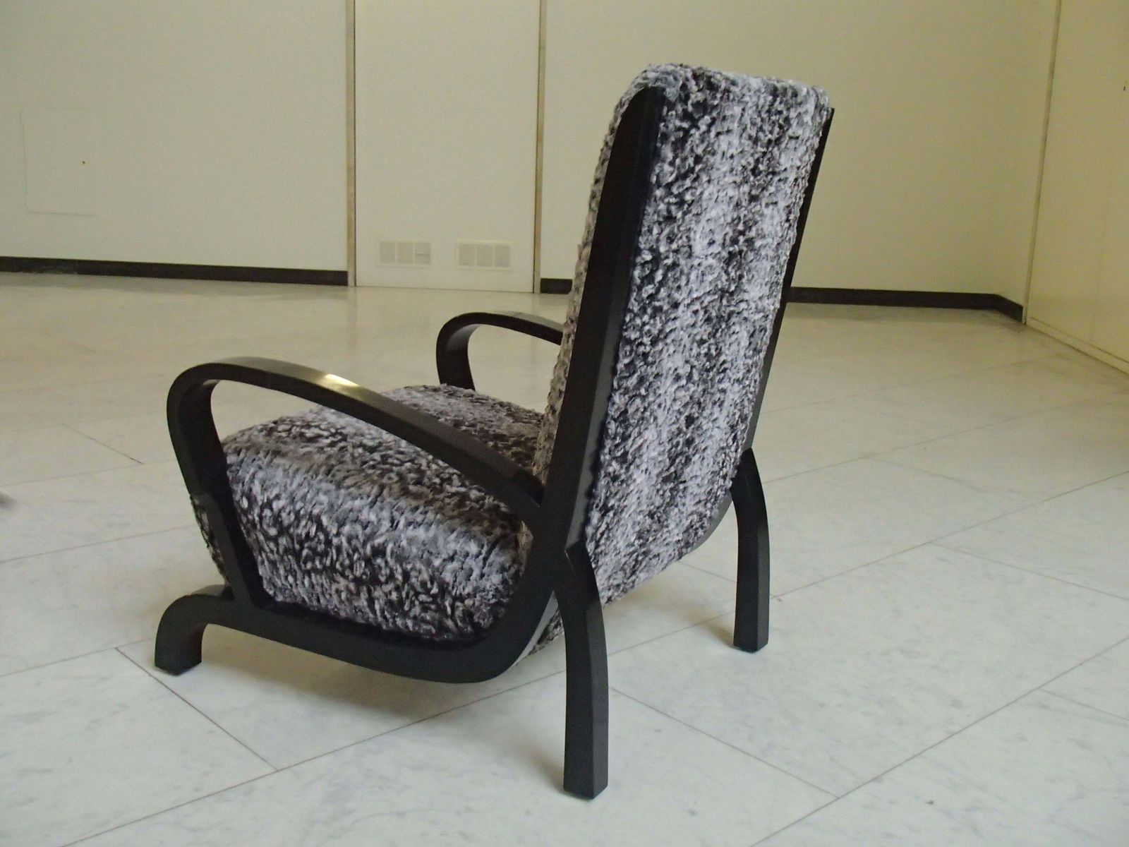Bauhaus Pair Of Armchairs Black Wood And Faux Fur Astrakhan New Recovered Seat photo vinterior
