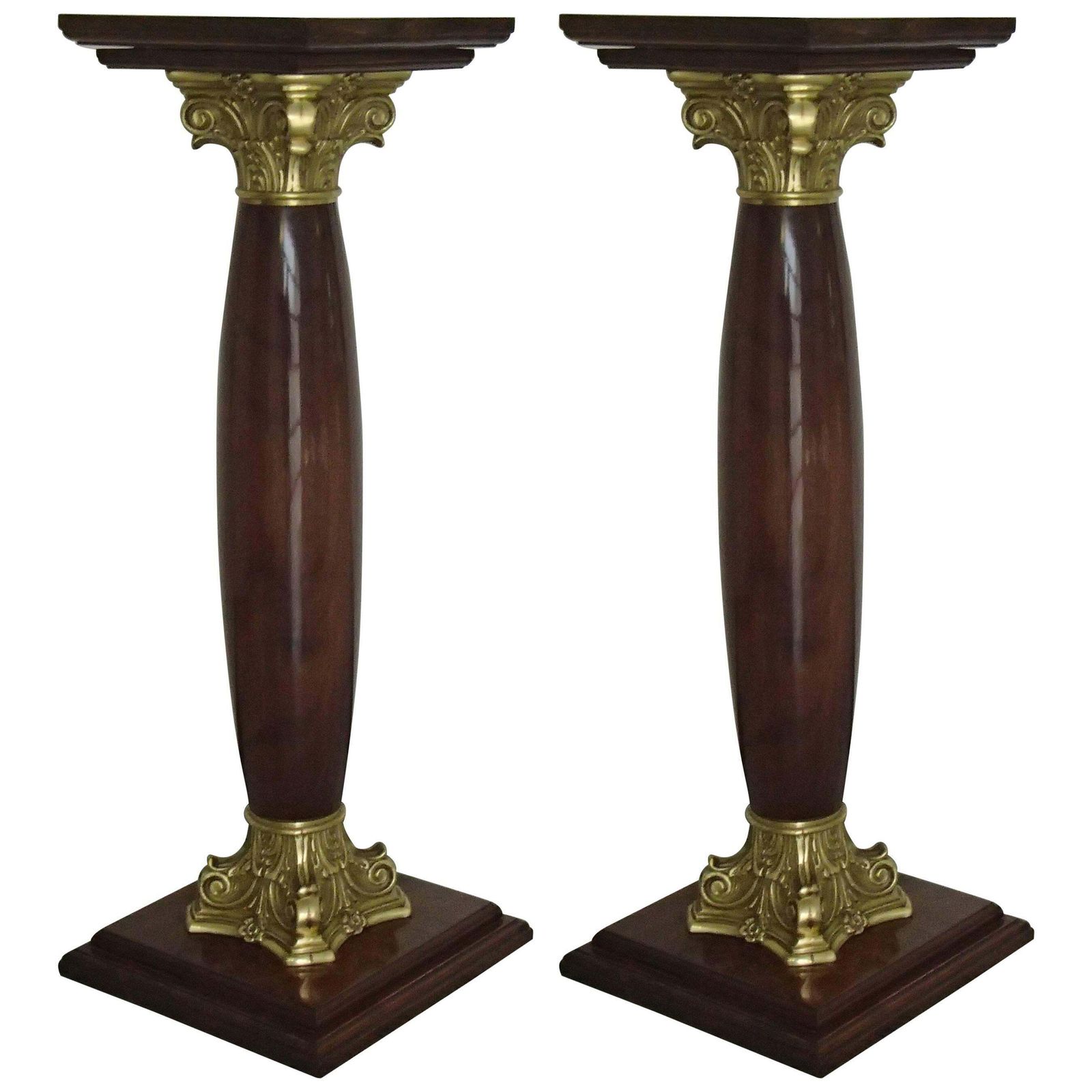 Midcentury Decorative Pair Of Pedestals Walnut With Brass