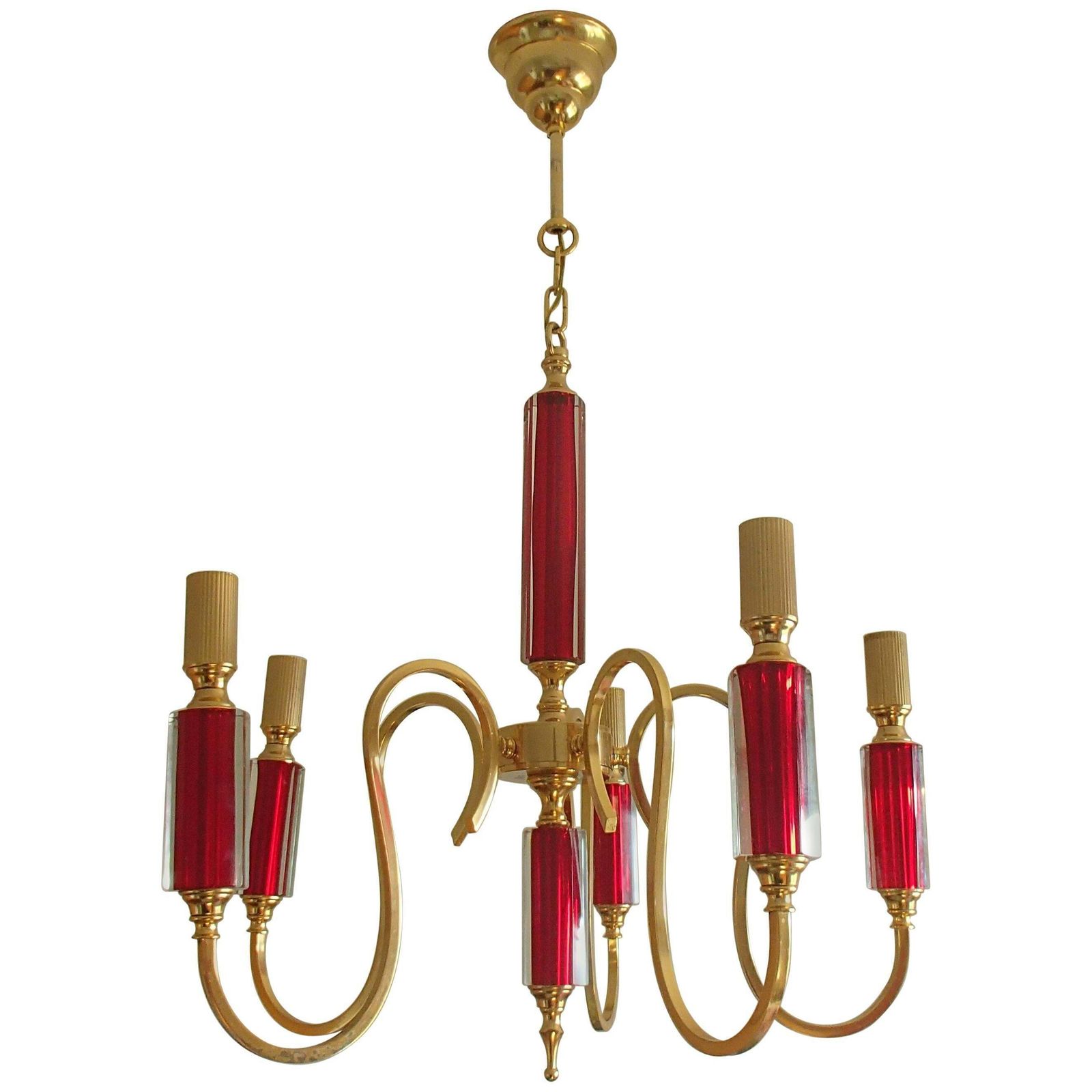 Midcentury Five Arms Chandelier Vibrant Red Bohemian Glass And Brass Plated