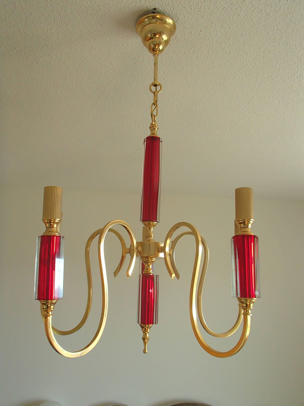 Midcentury Five Arms Chandelier Vibrant Red Bohemian Glass And Brass Plated photo furniture