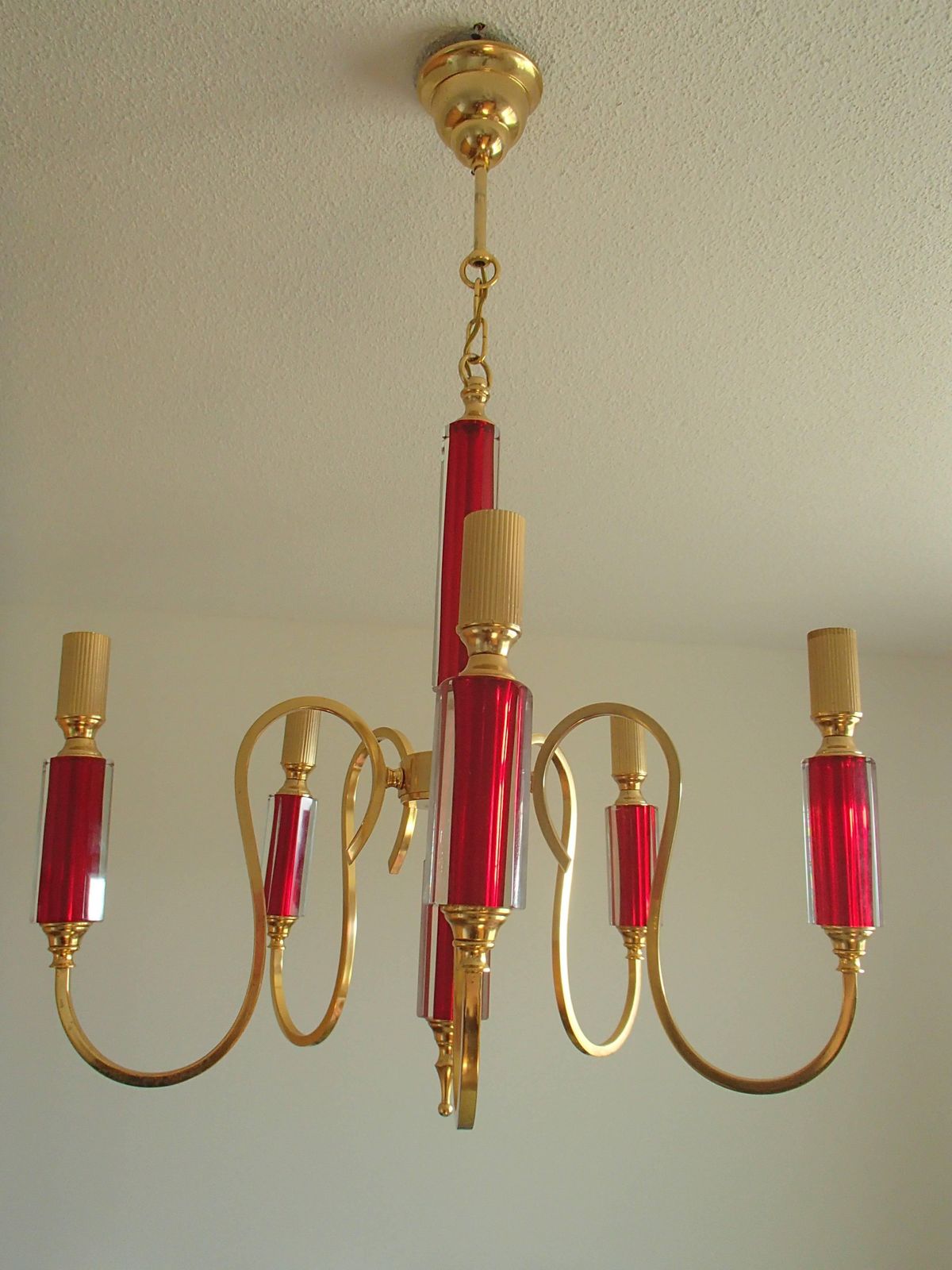 Midcentury Five Arms Chandelier Vibrant Red Bohemian Glass And Brass Plated photo Lighting