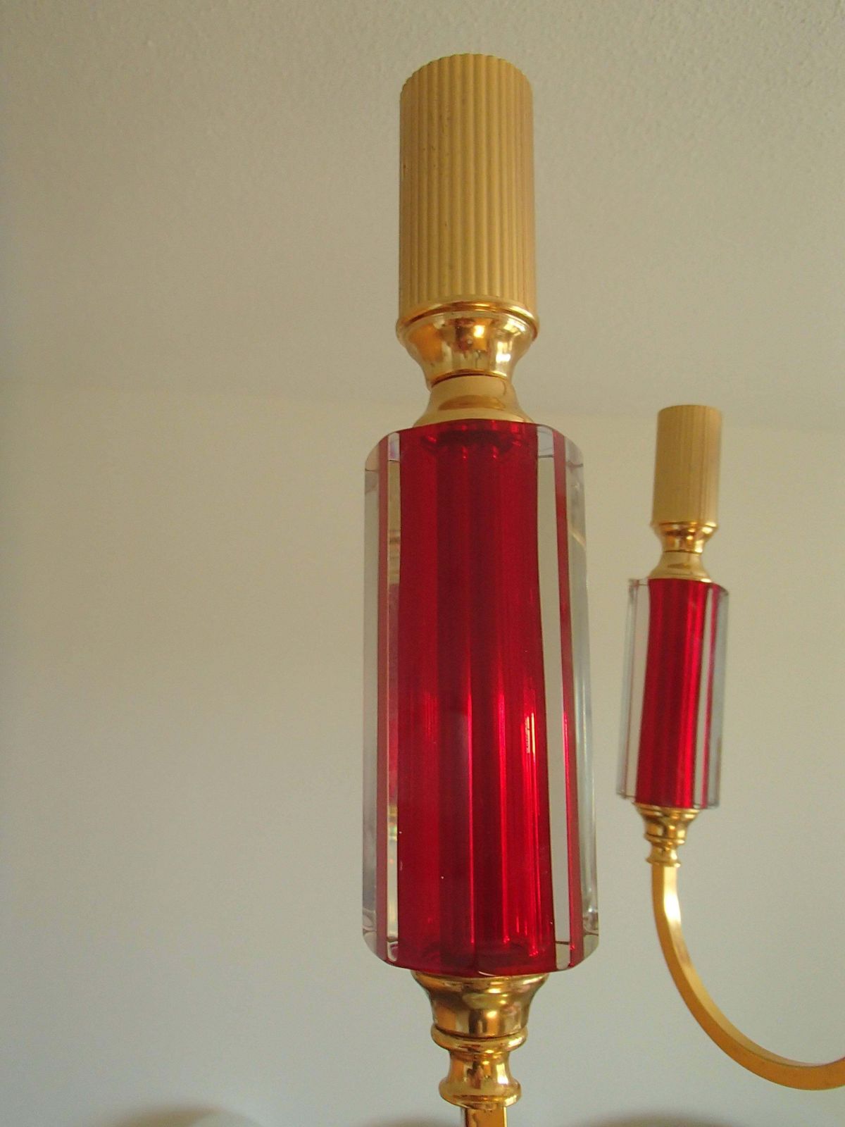 Midcentury Five Arms Chandelier Vibrant Red Bohemian Glass And Brass Plated photo vinterior