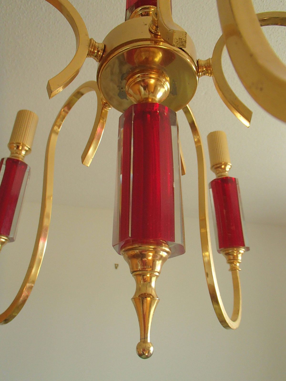 Midcentury Five Arms Chandelier Vibrant Red Bohemian Glass And Brass Plated photo buy
