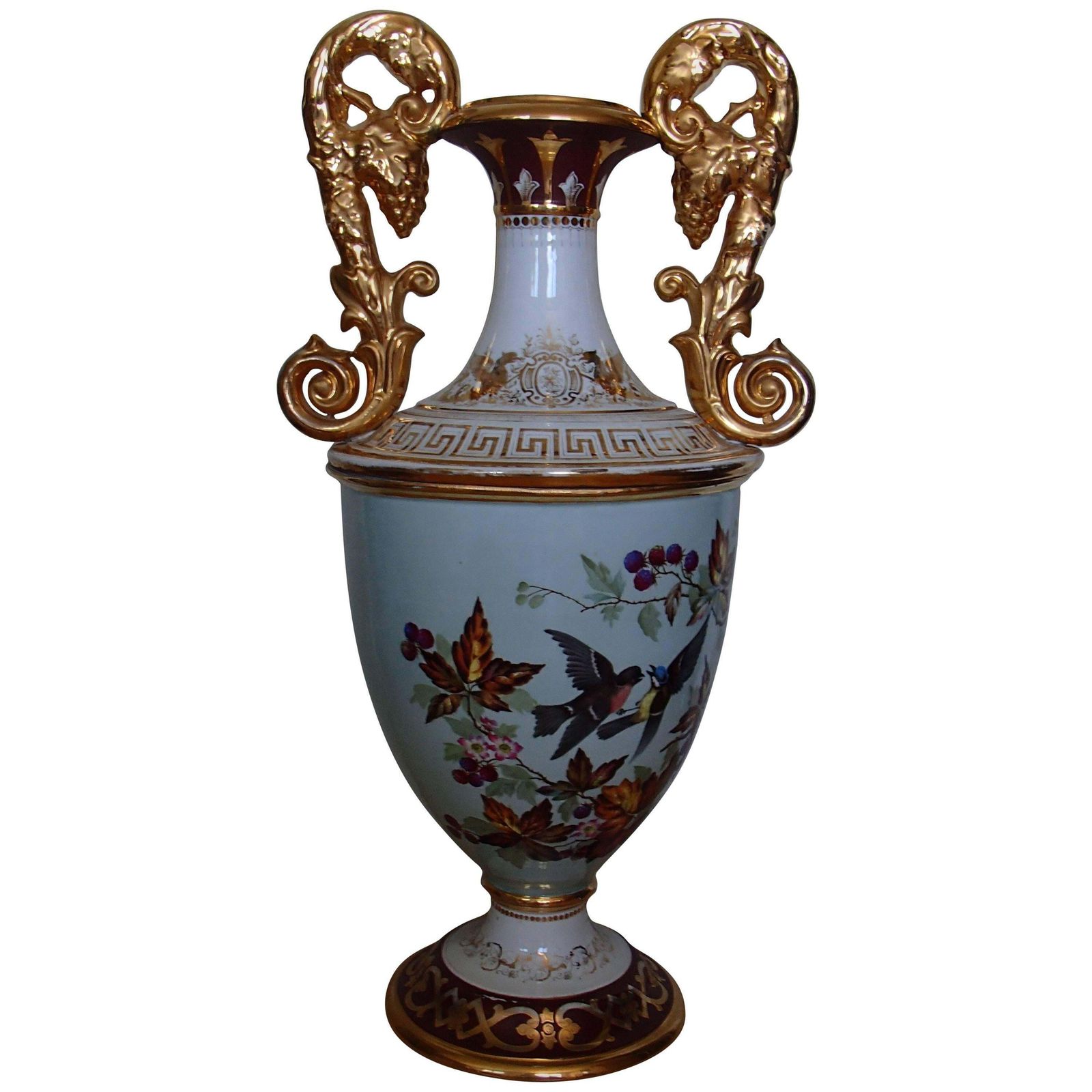 Art Nouveau Huge Porcelain Floor Amphora With Birds Gold Handles By J.Bünzli