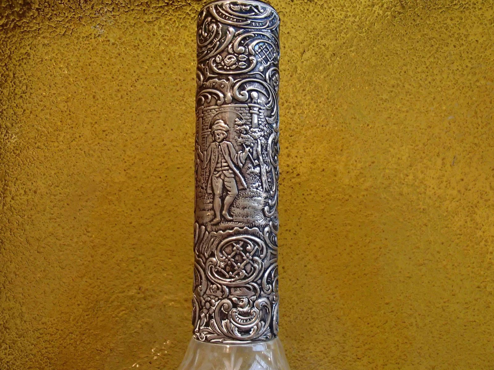 19th Century Bohemian Carafe Carved Glass, Silver Neck And Tape photo furniture