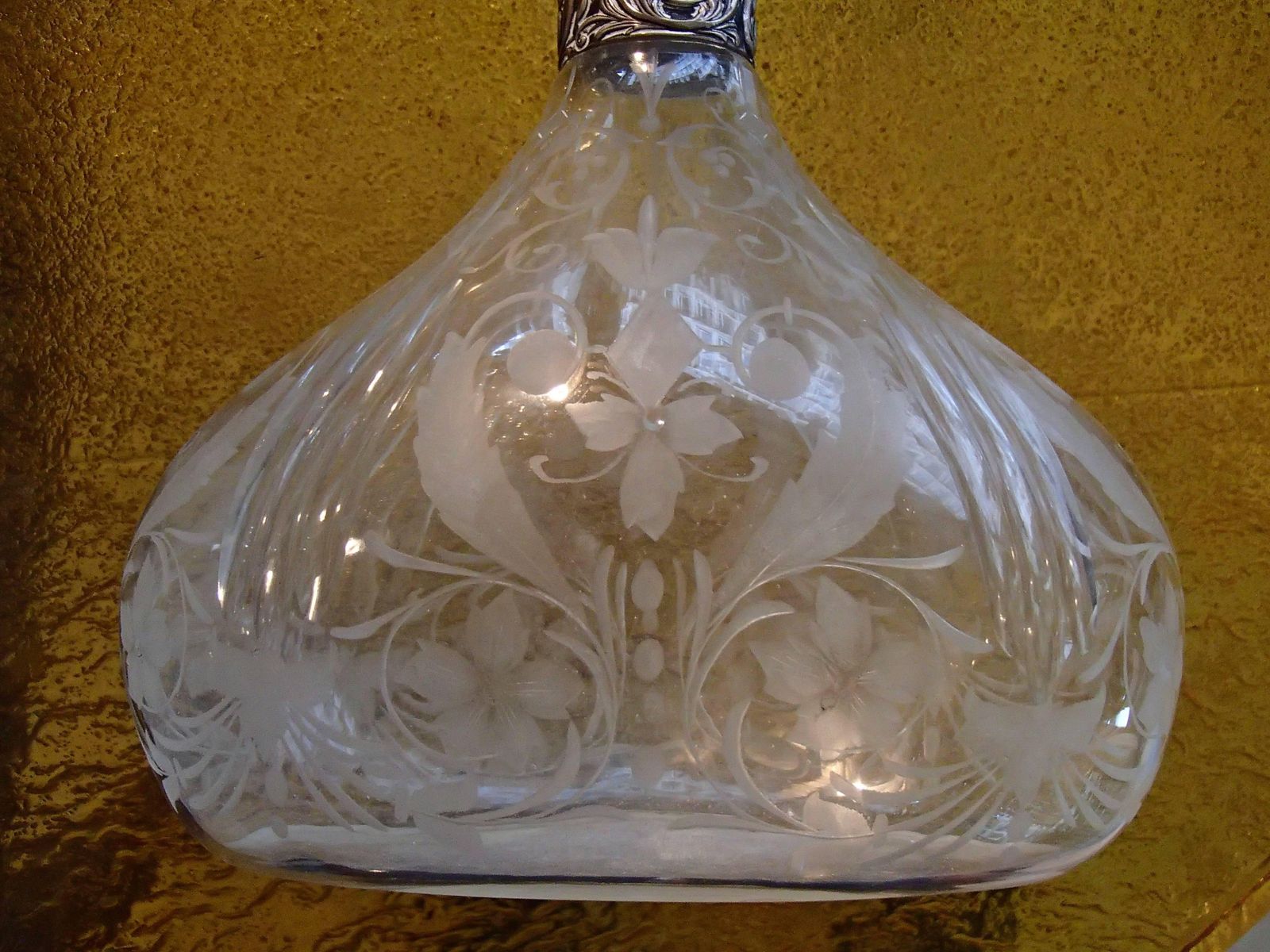 photo furniture 19th Century Bohemian Carafe Carved Glass, Silver Neck And Tape