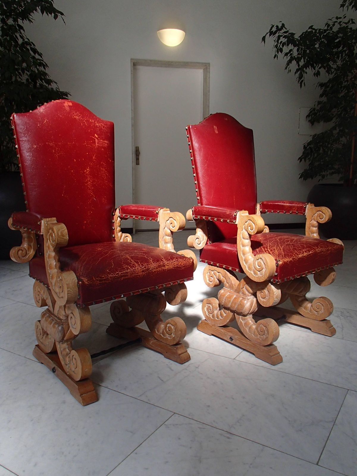 1940 Pair Of Side Chairs Chalked Oak And Red Leather photo Furniture