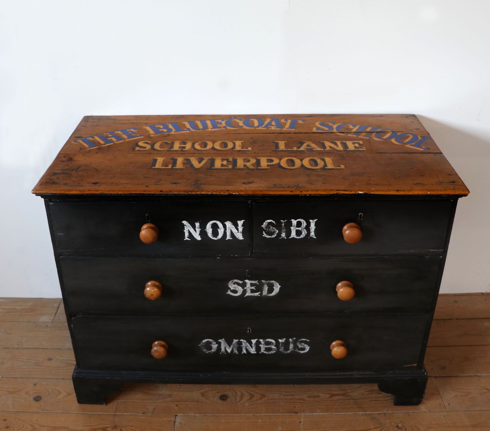 A Lovely Victorian Painted Pine Chest, Hand Sign Written Bluecoat School, Liverpool.