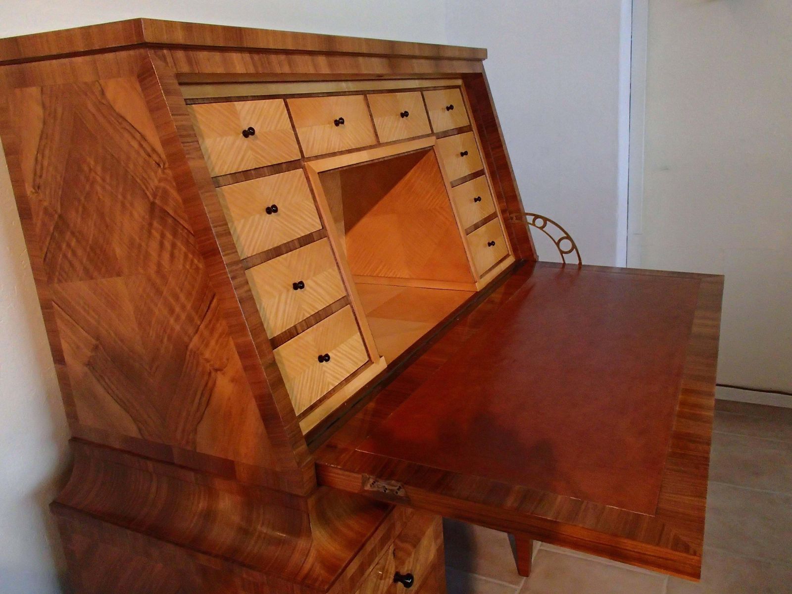 1920 Walnut Secretaire With 16 Drawers And Leather Desk photo 3486.0
