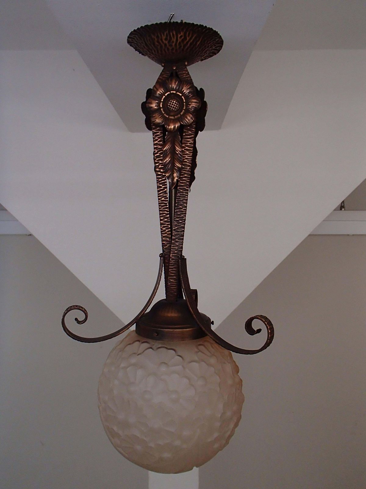 Art Deco Chandlier Copper With Pale Pink Original Floral Glass photo Lighting